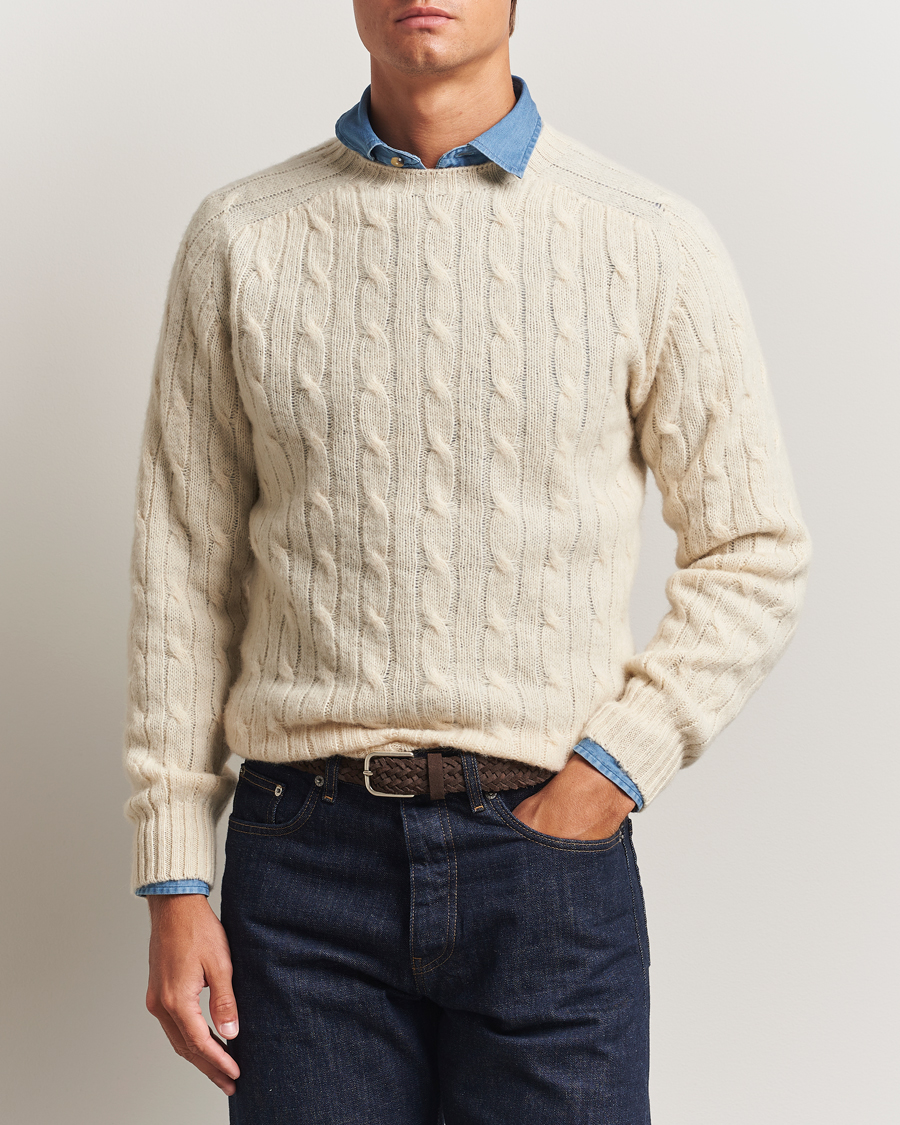 Herren | Pullover | Drake's | Brushed Shetland Cable Crew Ecru