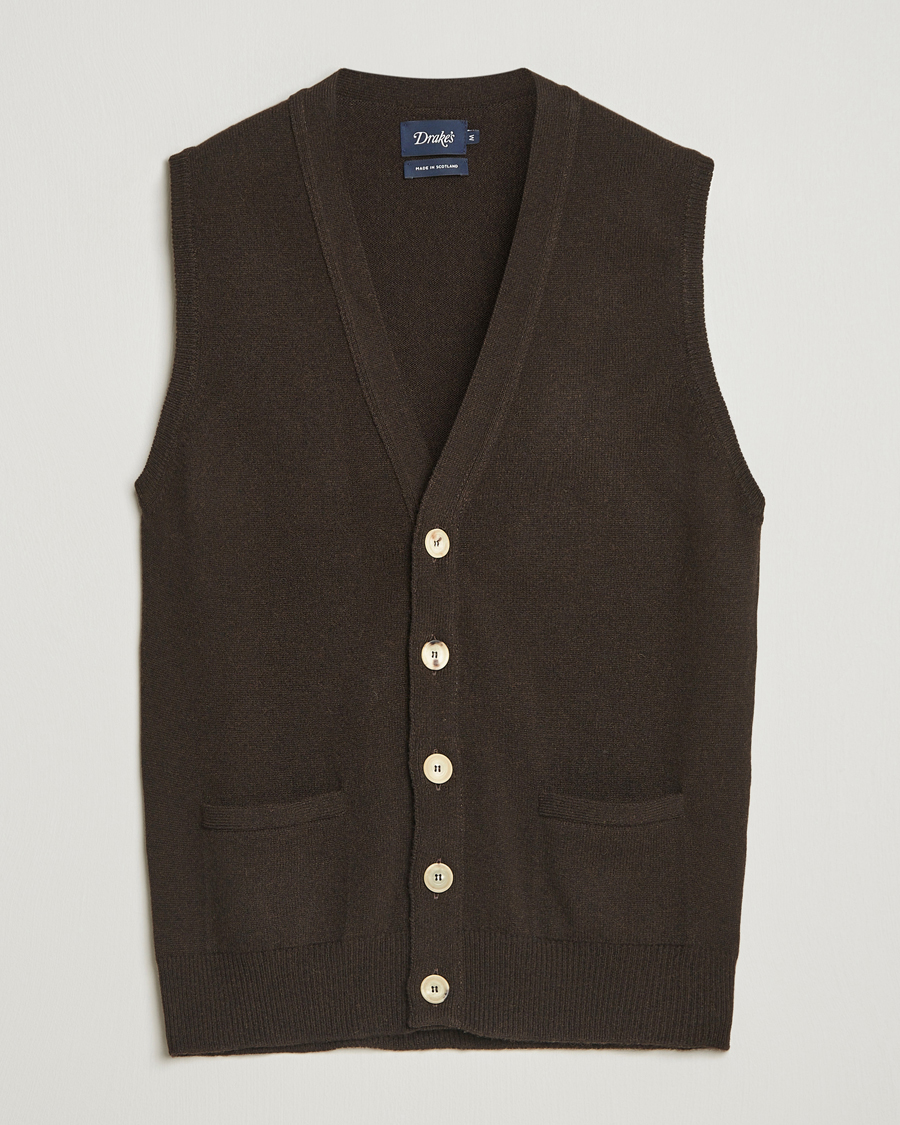 Herren | Pullover | Drake's | Lambswool Vest Cardigan Dark Brown