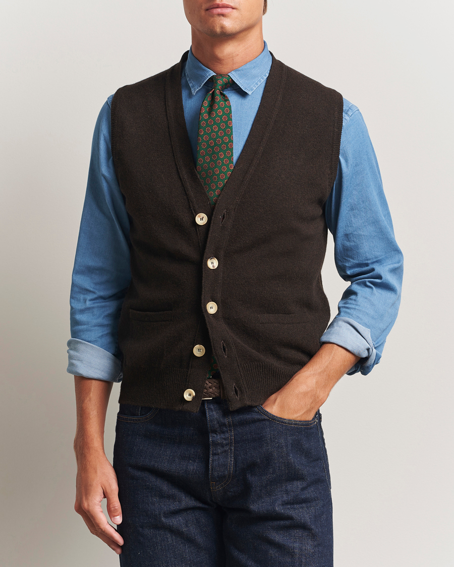 Herren | Pullover | Drake's | Lambswool Vest Cardigan Dark Brown