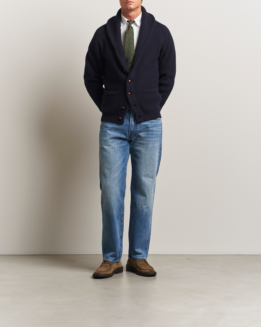 Herren | Pullover | Drake's | Lambswool Shawl Collar Rib Cardigan Navy