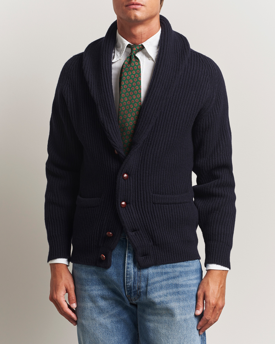 Herren | Pullover | Drake's | Lambswool Shawl Collar Rib Cardigan Navy