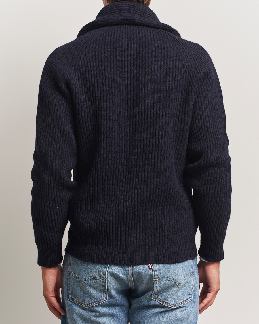Herren | Pullover | Drake's | Lambswool Shawl Collar Rib Cardigan Navy