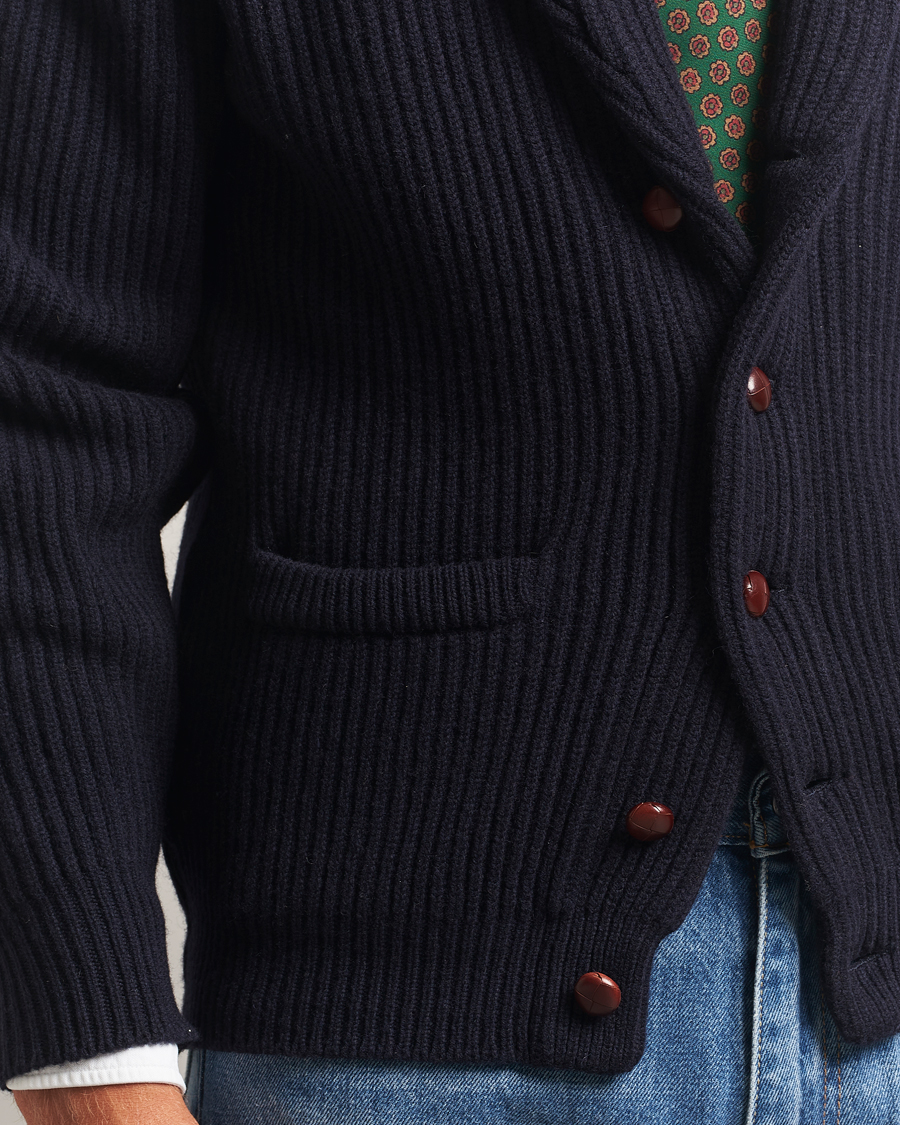 Herren | Pullover | Drake's | Lambswool Shawl Collar Rib Cardigan Navy