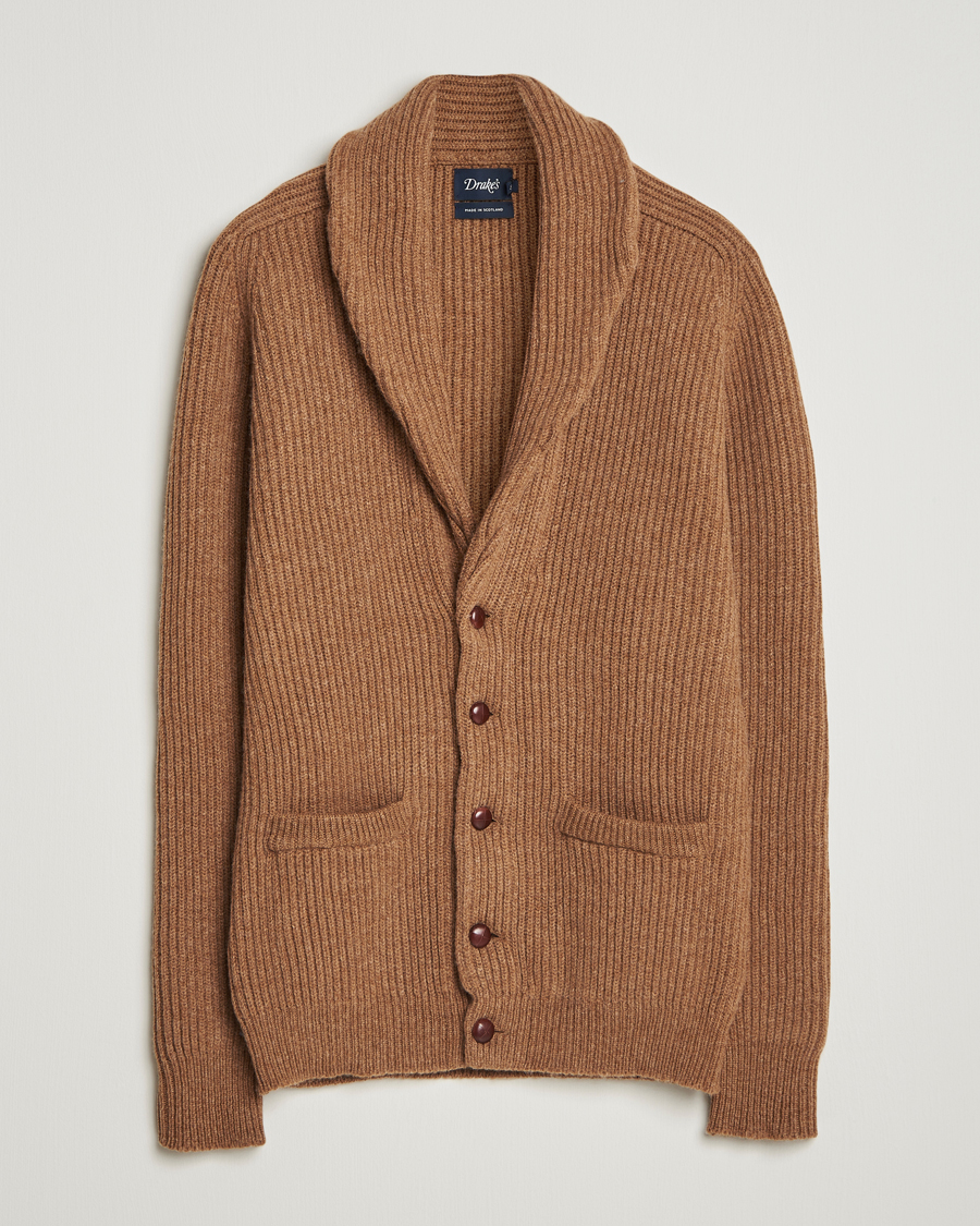Herren | Pullover | Drake's | Lambswool Shawl Collar Rib Cardigan Brown