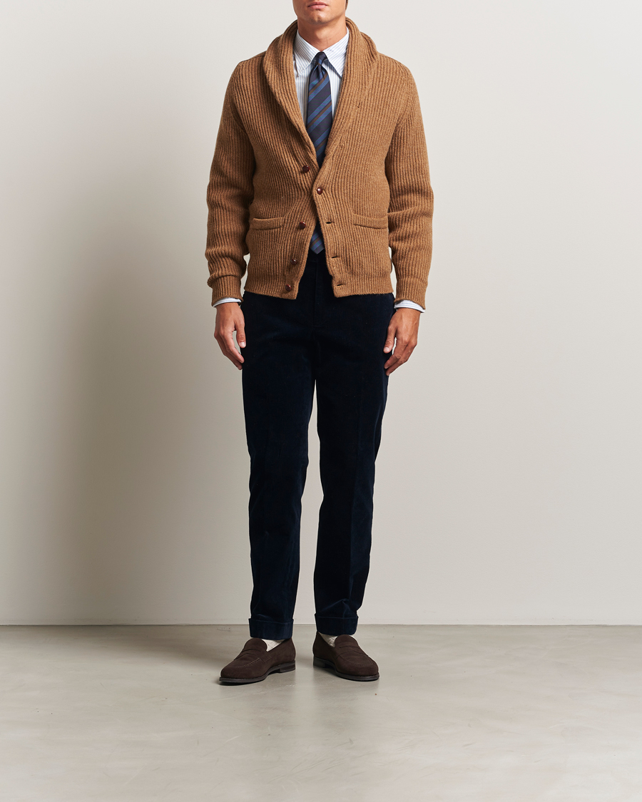 Herren | Pullover | Drake's | Lambswool Shawl Collar Rib Cardigan Brown