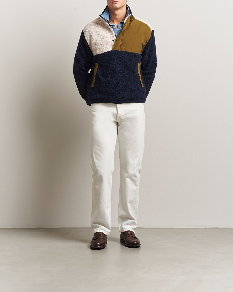Herren | Pullover | Drake's | Colourblock Half-Zip Fleece Navy/Ecru/Yellow