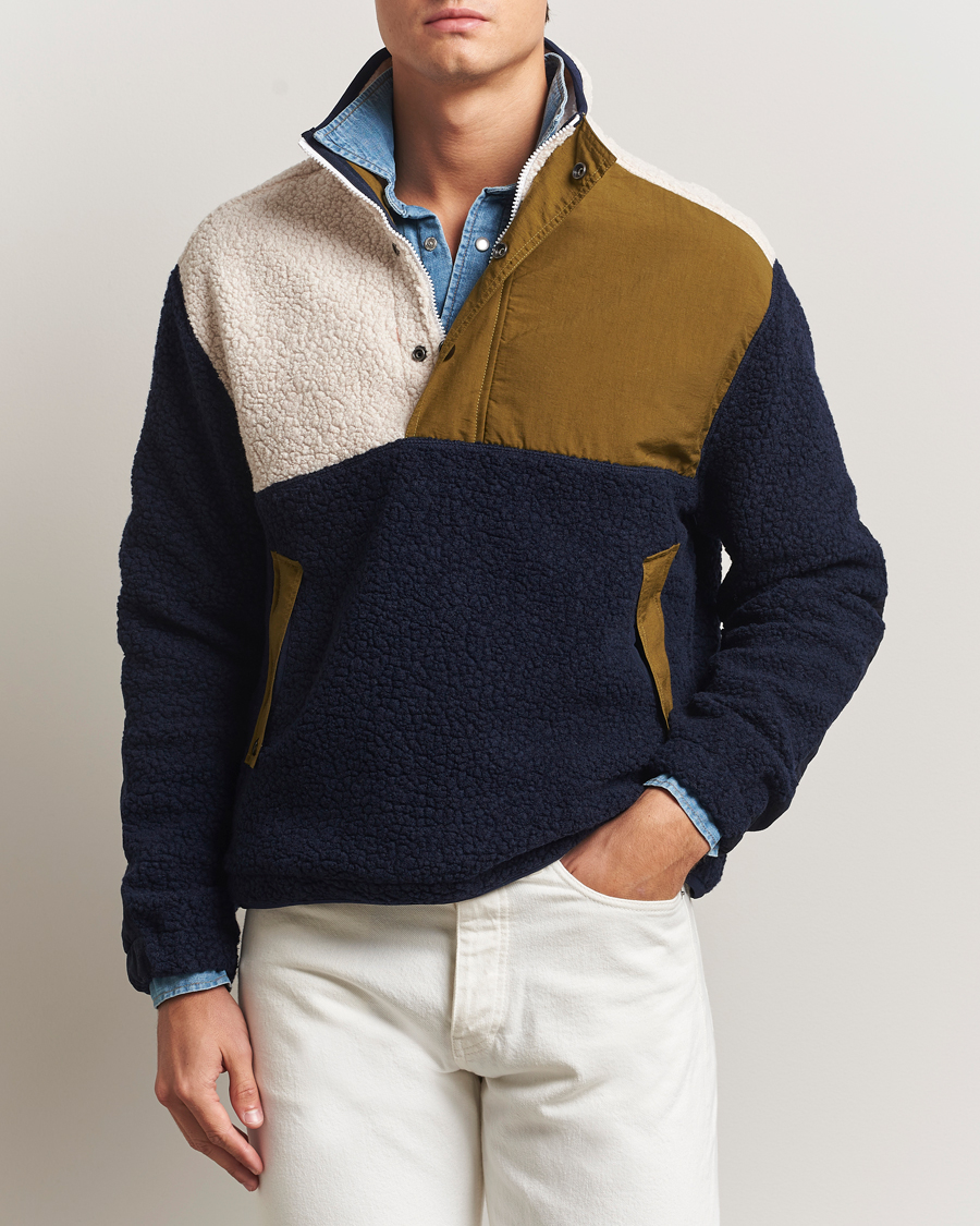 Herren | Pullover | Drake's | Colourblock Half-Zip Fleece Navy/Ecru/Yellow
