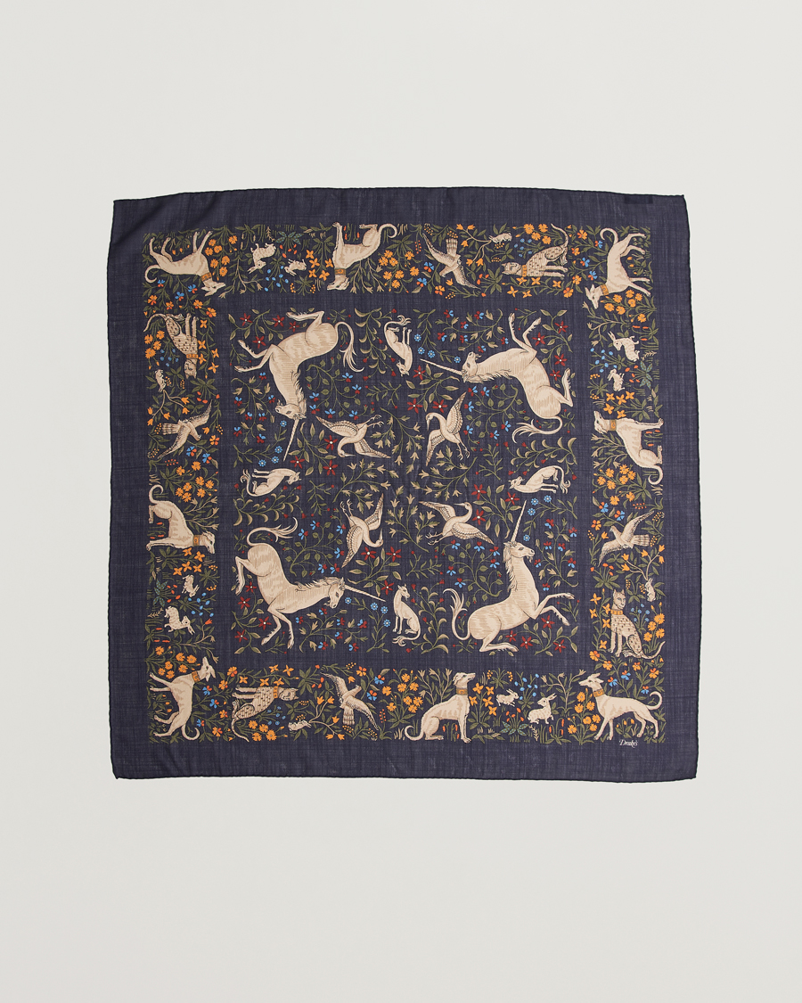 Herren | Drake's Unicorn Garden Wool/Silk Scarf Navy | Drake's | Unicorn Garden Wool/Silk Scarf Navy