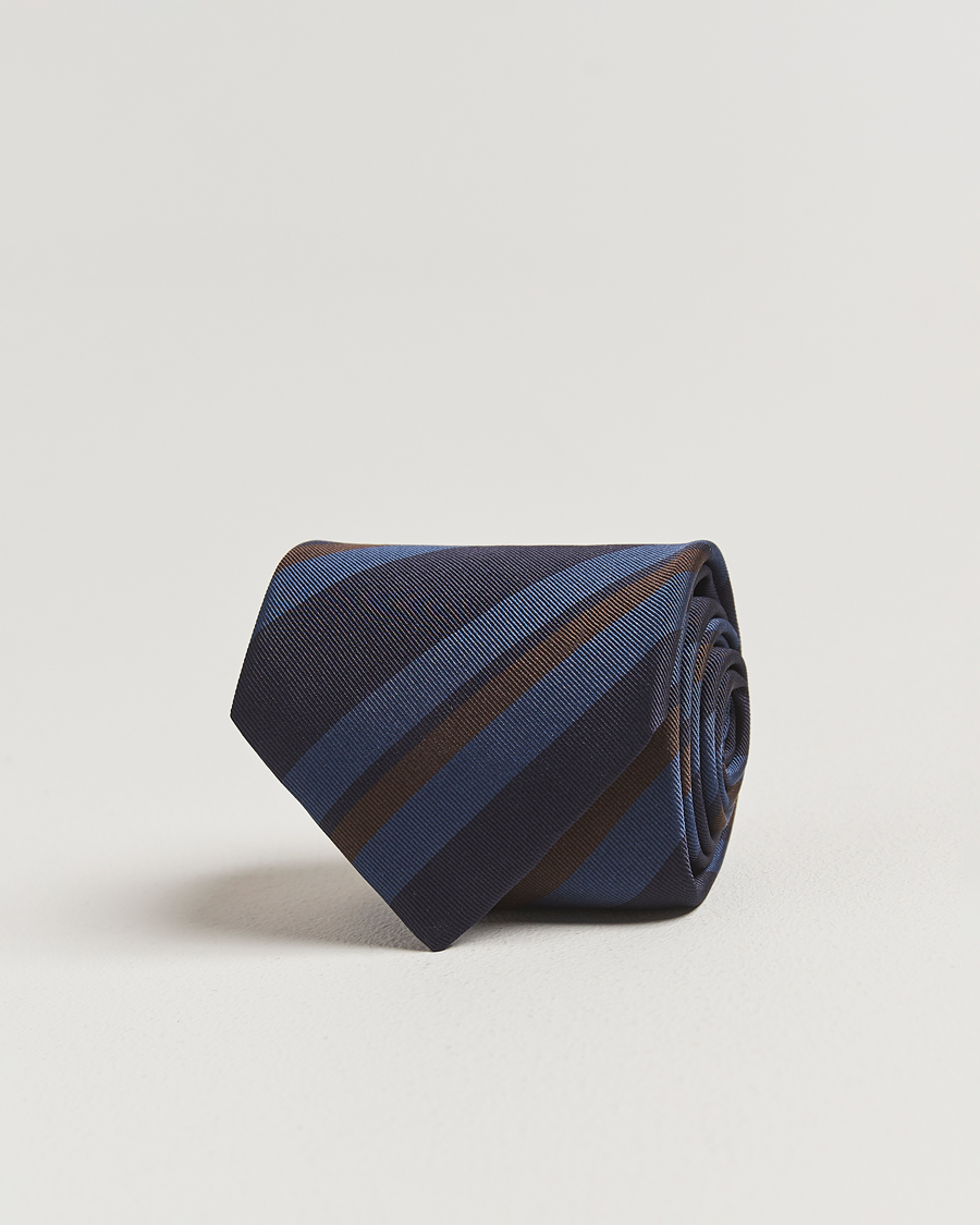 Herren | Drake's Stripe Mogador Silk/Cotton Tie Navy/Brown | Drake's | Stripe Mogador Silk/Cotton Tie Navy/Brown