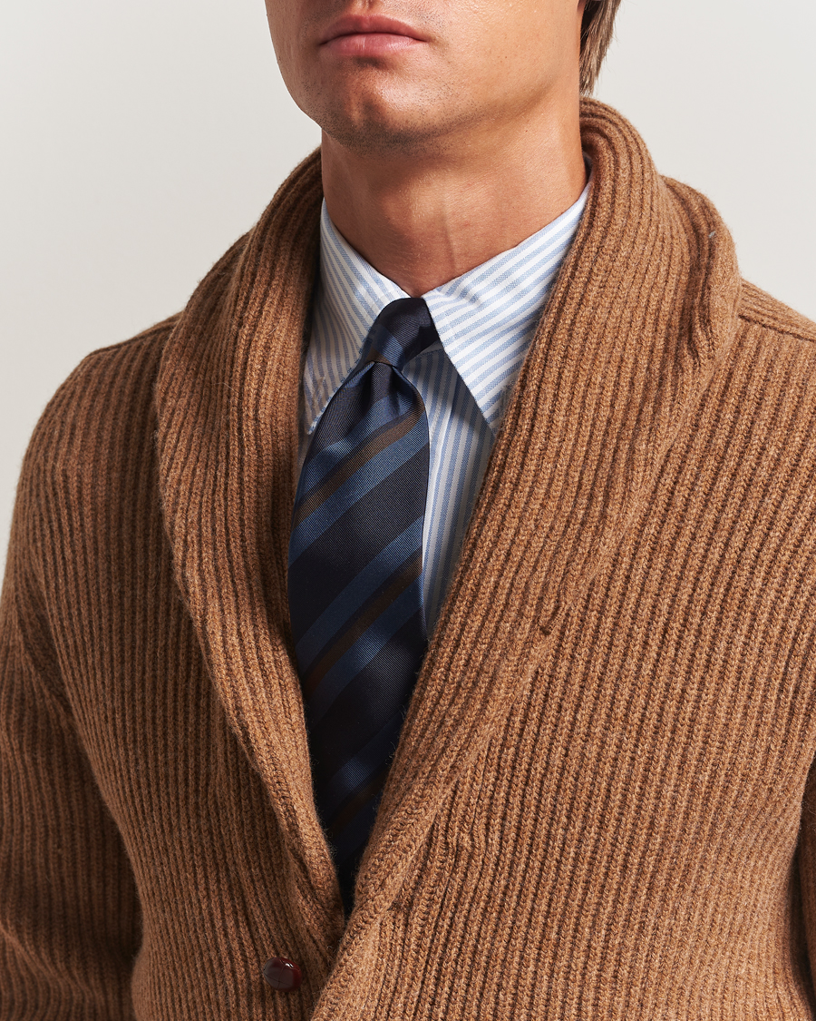 Herren | Drake's Stripe Mogador Silk/Cotton Tie Navy/Brown | Drake's | Stripe Mogador Silk/Cotton Tie Navy/Brown