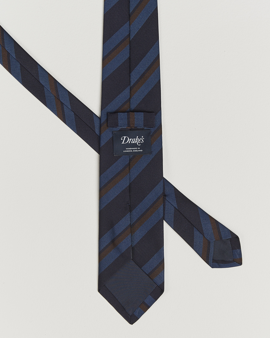 Herren | Drake's Stripe Mogador Silk/Cotton Tie Navy/Brown | Drake's | Stripe Mogador Silk/Cotton Tie Navy/Brown