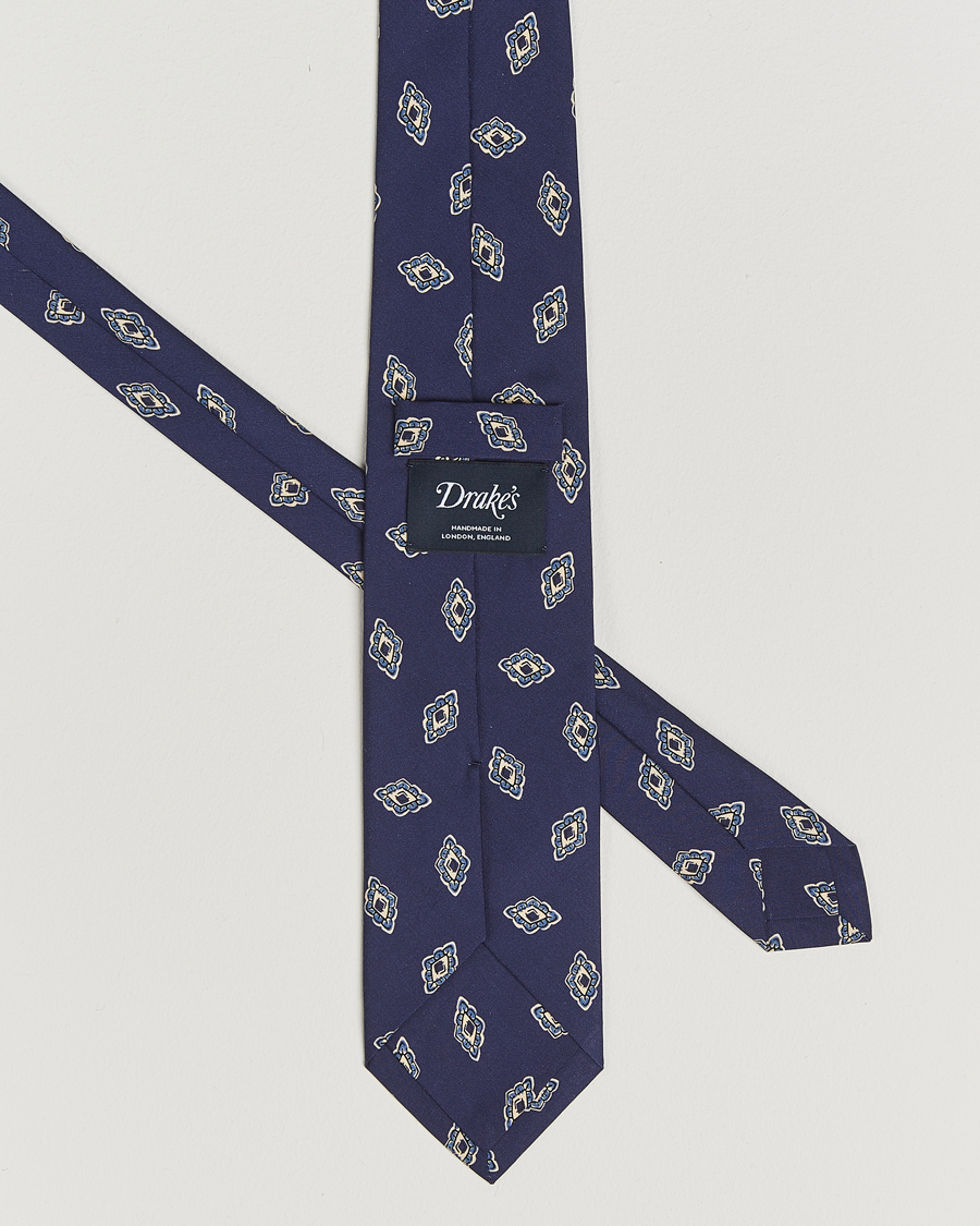 Herren | Drake's Diamond Petals Habotai Silk Tie Navy | Drake's | Diamond Petals Habotai Silk Tie Navy