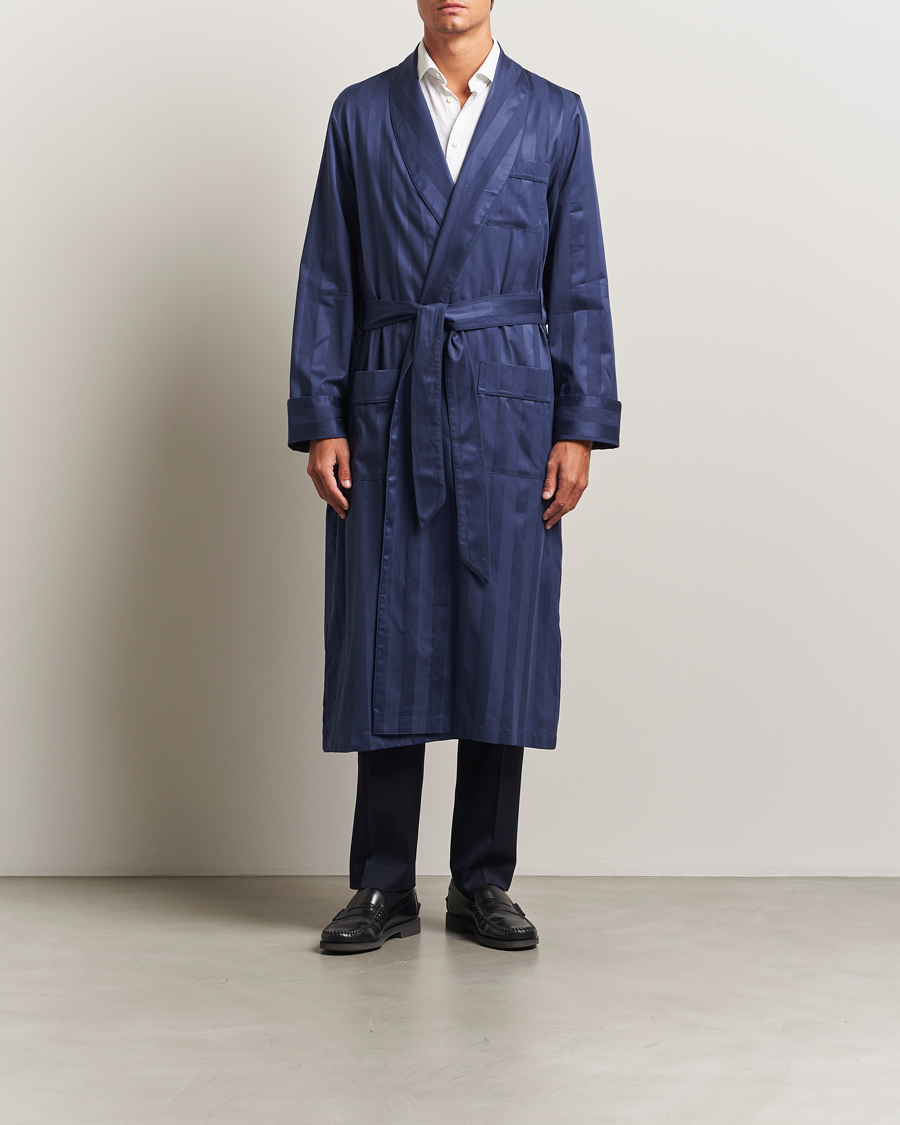 Herren | Schlafanzüge & Bademäntel | Derek Rose | Striped Cotton Dressing Gown Navy