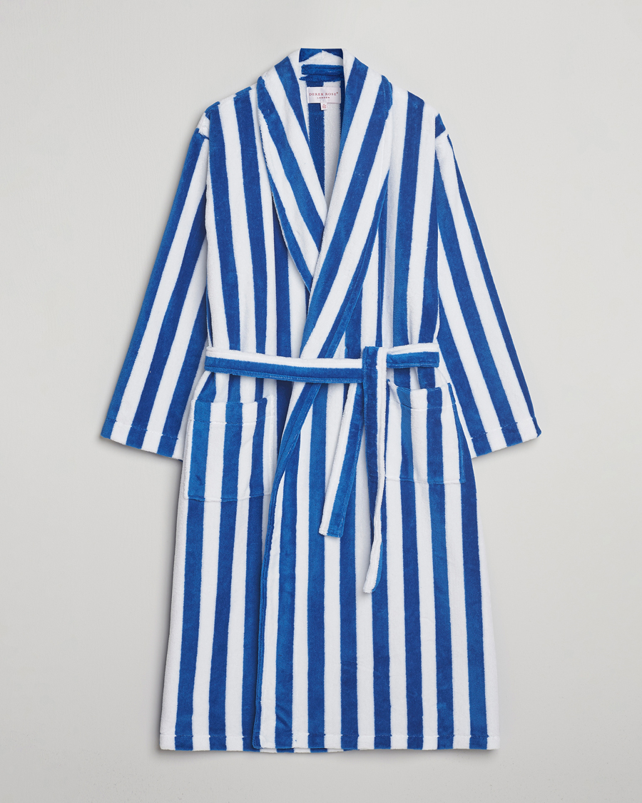 Herren | Schlafanzüge & Bademäntel | Derek Rose | Striped Cotton Velour Gown Blue/White