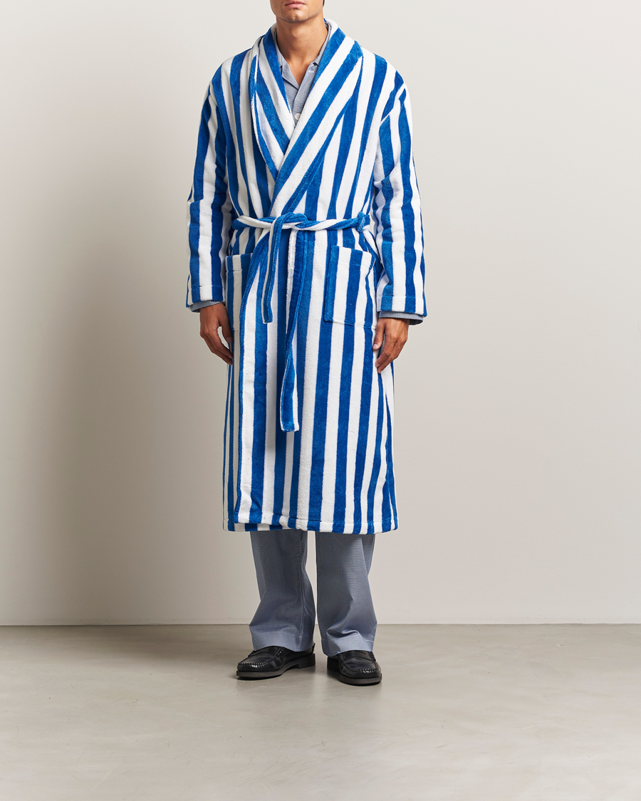 Herren | Schlafanzüge & Bademäntel | Derek Rose | Striped Cotton Velour Gown Blue/White