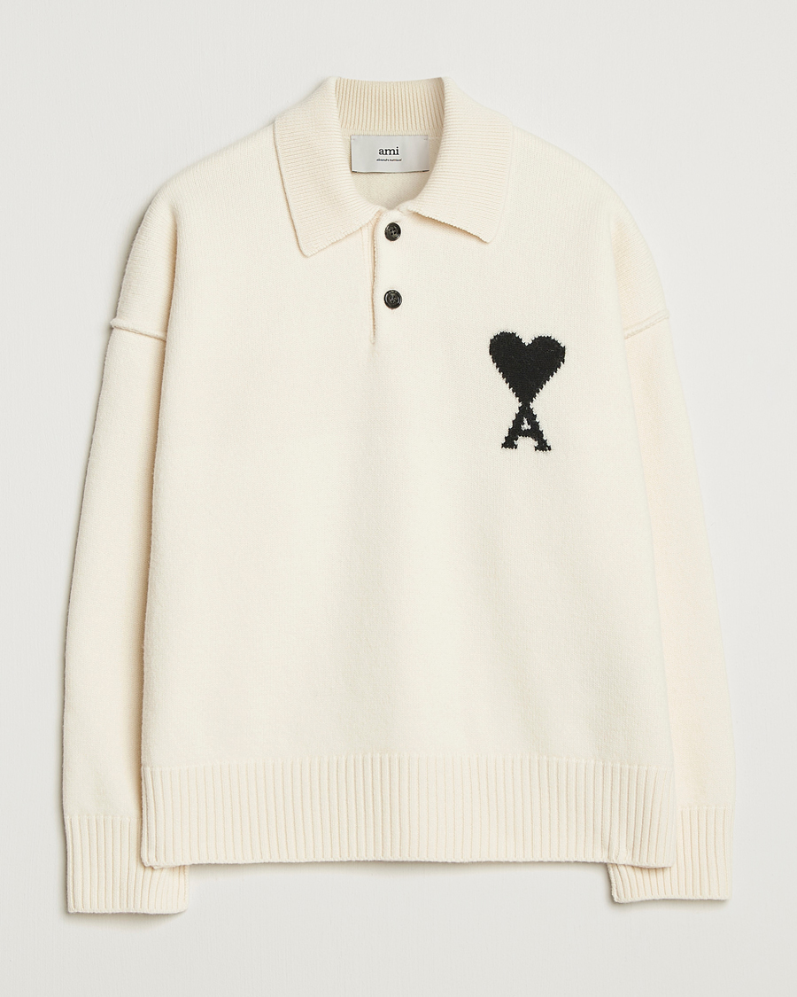 Herren | Pullover | AMI | Big Heart Logo Wool Knitted Polo Ecru