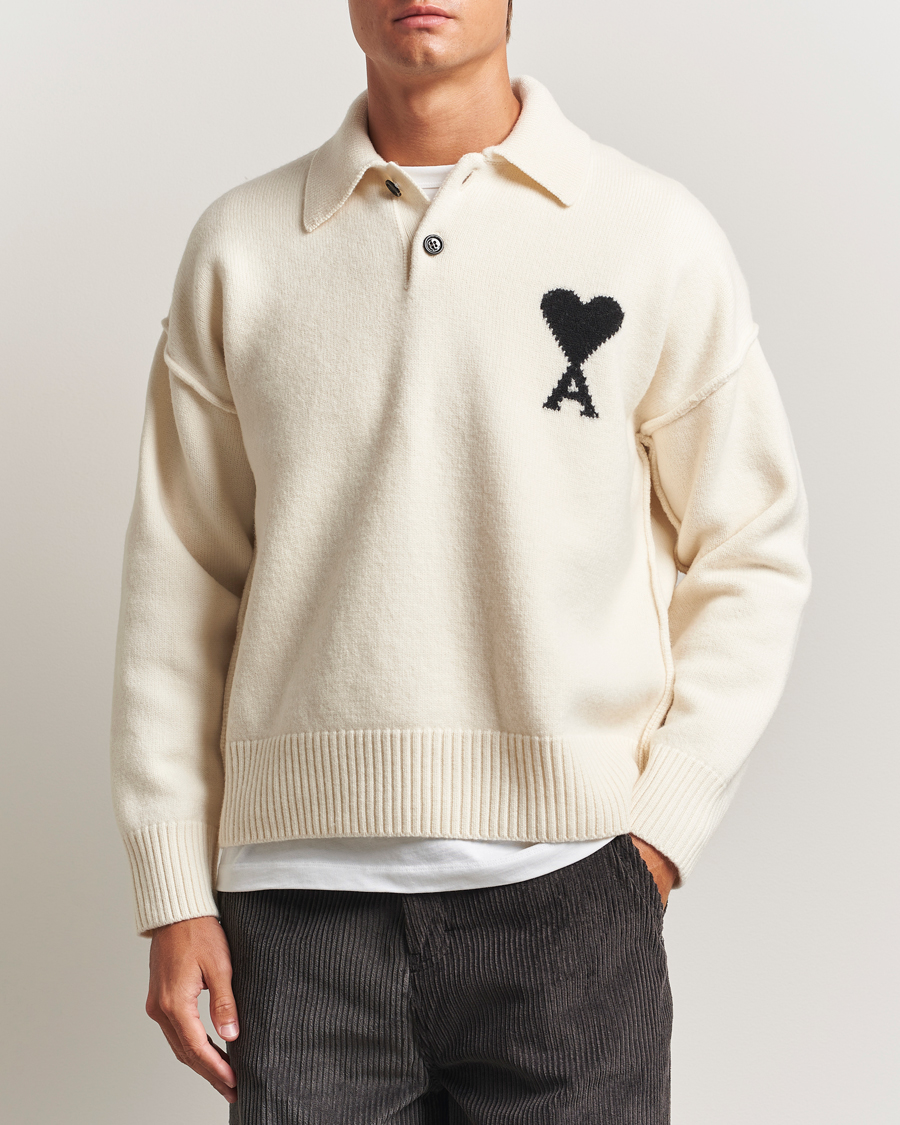 Herren | Pullover | AMI | Big Heart Logo Wool Knitted Polo Ecru