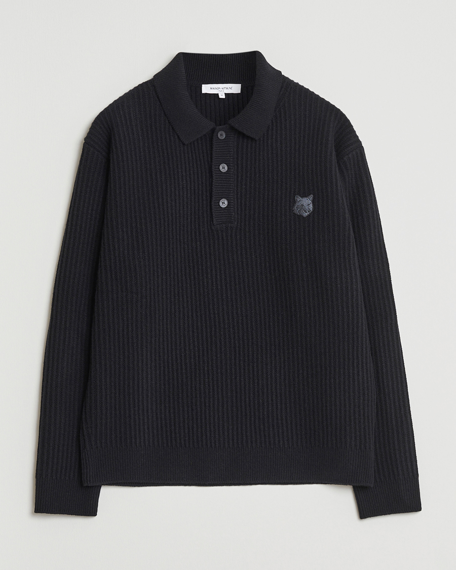 Herren | Pullover | Maison Kitsuné | Tonal Fox Head Wool Ribbed Polo Black