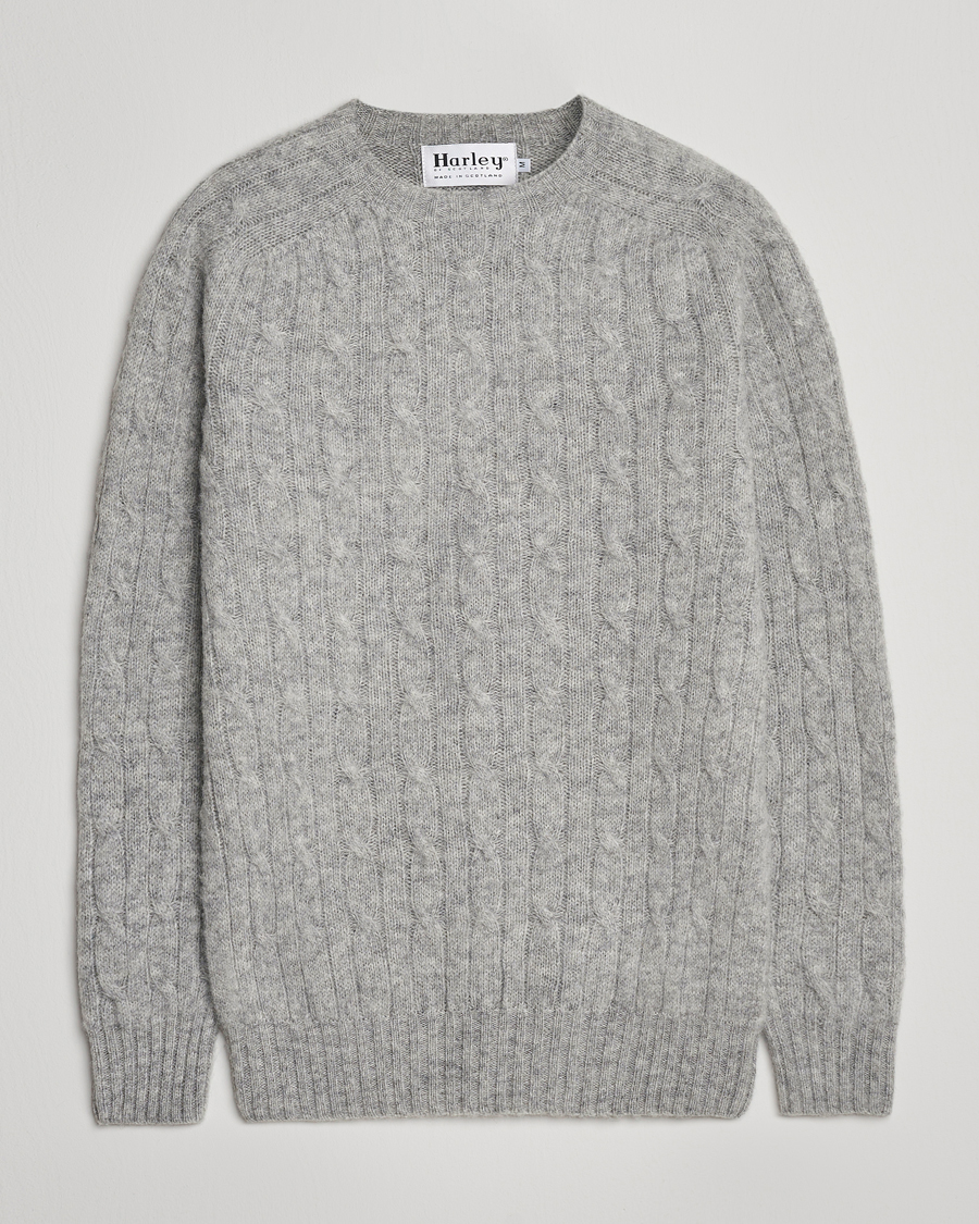 Herren | Pullover | Harley Of Scotland | Brushed Supersoft Lambswool Cable Silver
