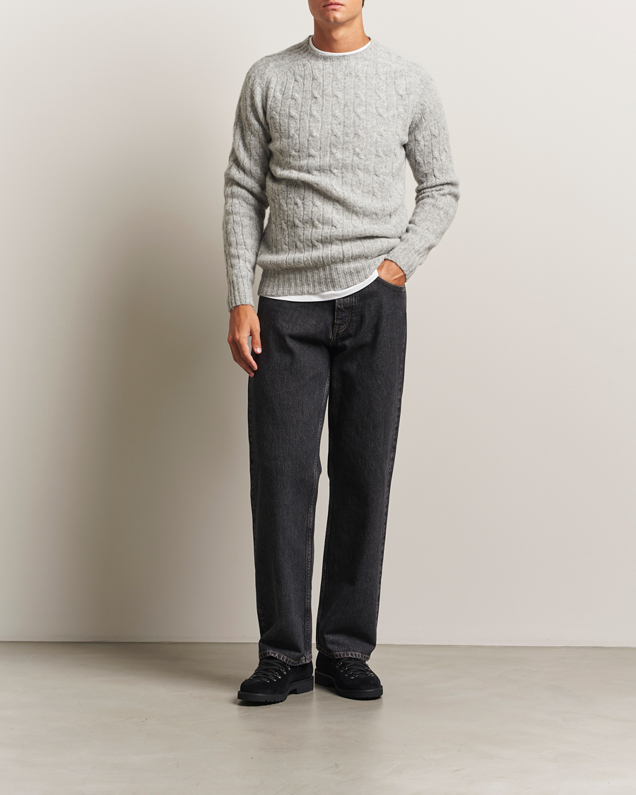 Herren | Pullover | Harley Of Scotland | Brushed Supersoft Lambswool Cable Silver
