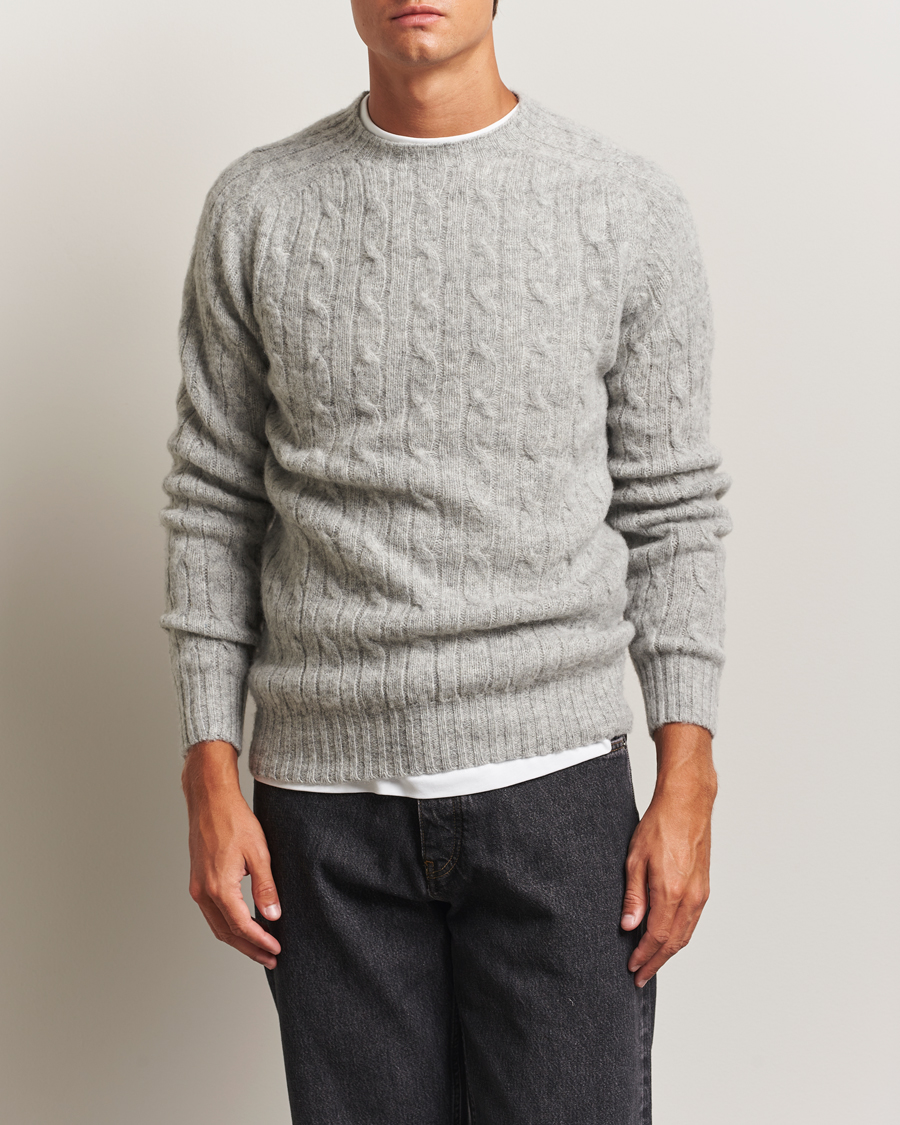 Herren | Pullover | Harley Of Scotland | Brushed Supersoft Lambswool Cable Silver