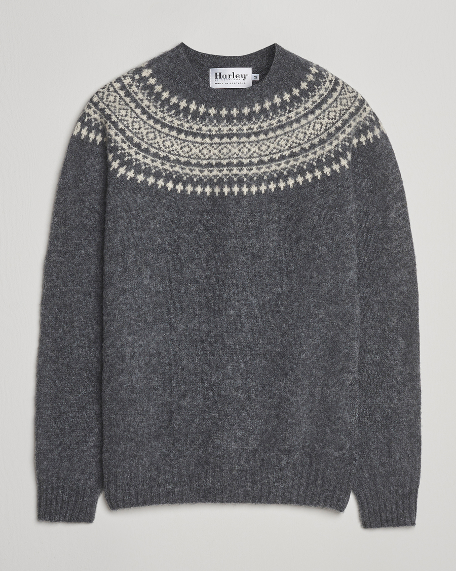 Herren | Pullover | Harley Of Scotland | Brushed Supersoft Lambswool Yolk Fairisle Grey