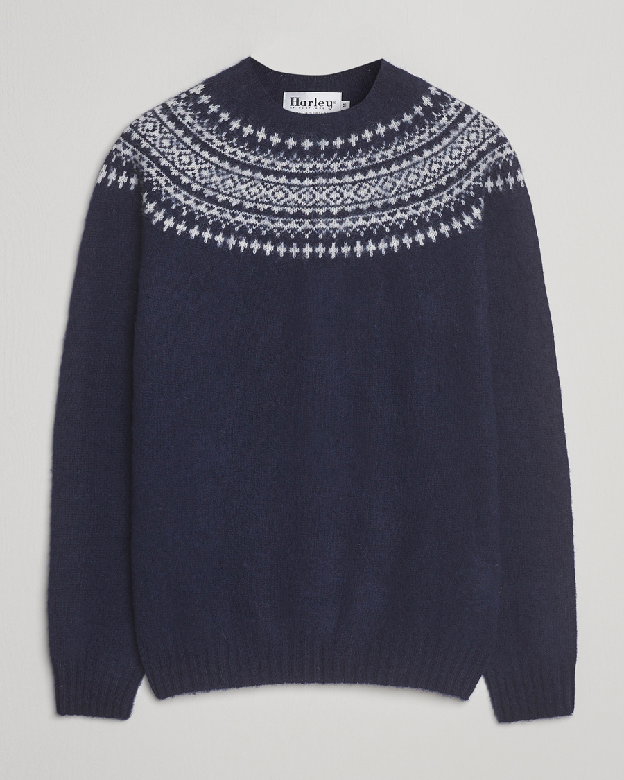 Herren | Pullover | Harley Of Scotland | Brushed Supersoft Lambswool Yolk Fairisle Navy