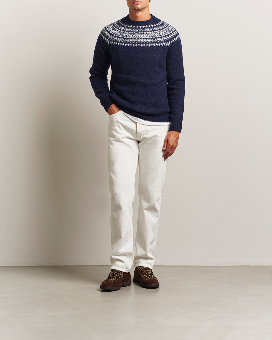 Herren | Pullover | Harley Of Scotland | Brushed Supersoft Lambswool Yolk Fairisle Navy