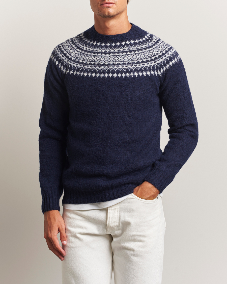 Herren | Pullover | Harley Of Scotland | Brushed Supersoft Lambswool Yolk Fairisle Navy