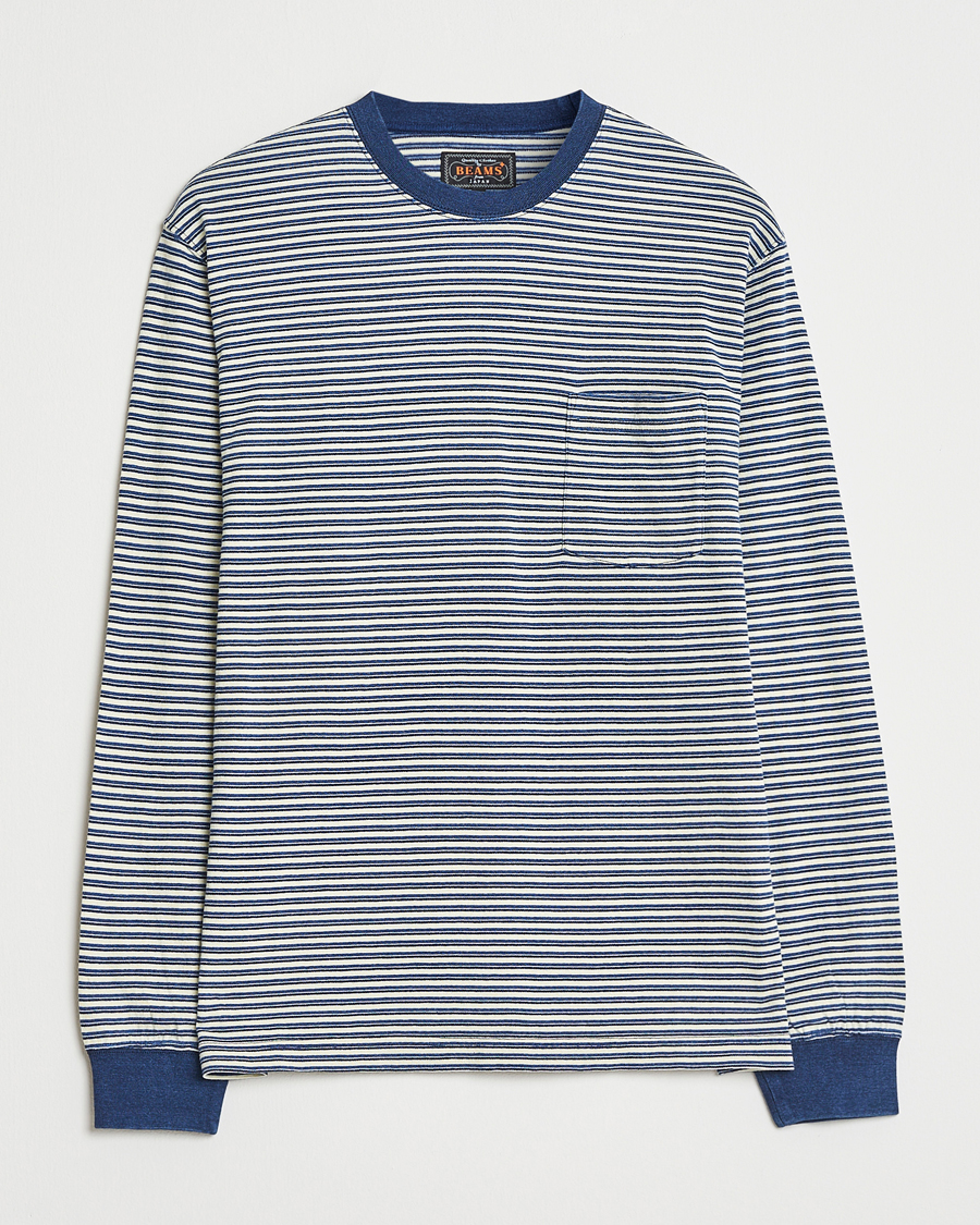 Herren | T-Shirts | BEAMS PLUS | Indigo Stripe Long Sleeve T-Shirt White/Navy