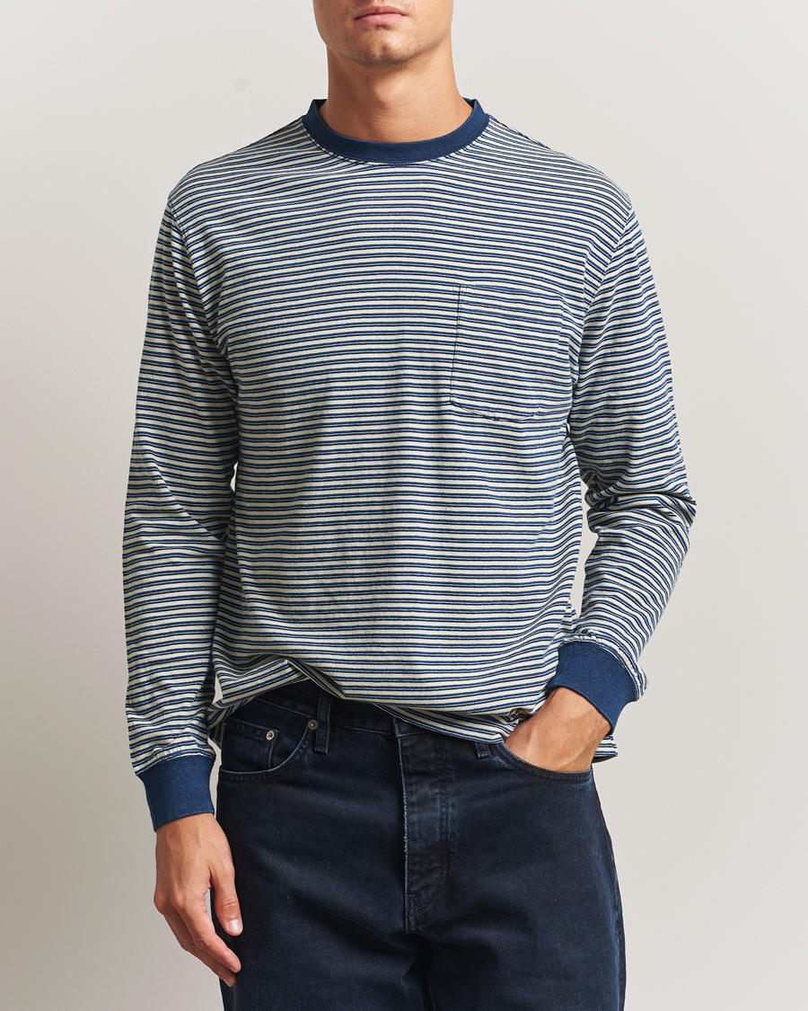 Herren | T-Shirts | BEAMS PLUS | Indigo Stripe Long Sleeve T-Shirt White/Navy