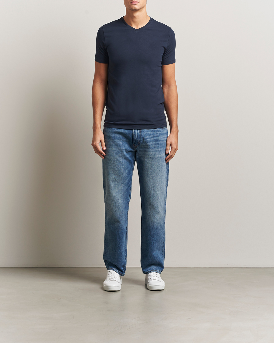 Herren | T-Shirts | Falke | 2-Pack Cotton V-Neck T-Shirt Midnight