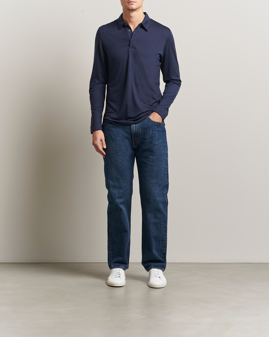 Herren | Poloshirts | Sunspel | Wool Jersey Long Sleeve Polo Navy
