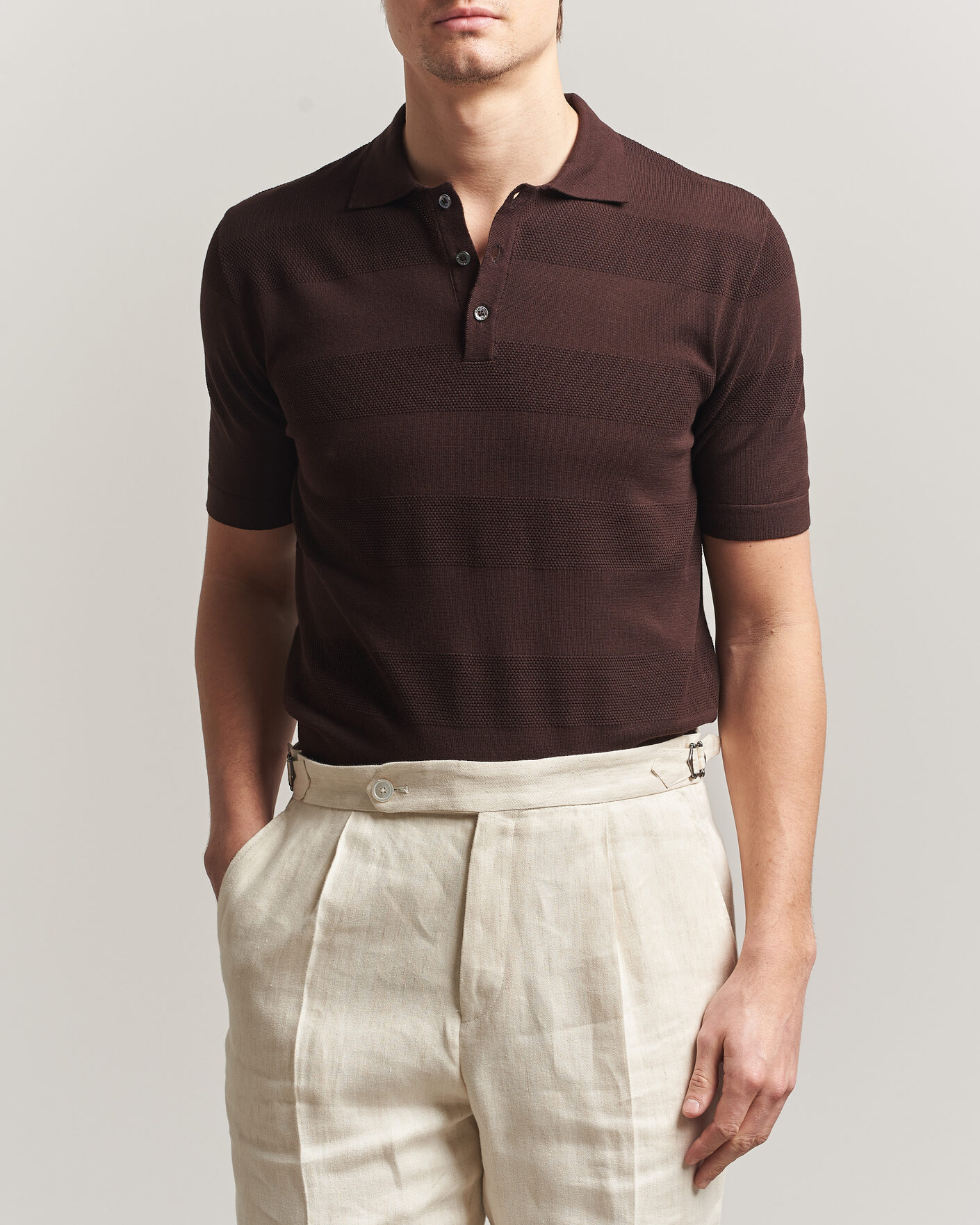 Herren | Poloshirts | Altea | Block Stripe Knitted Polo Dark Brown