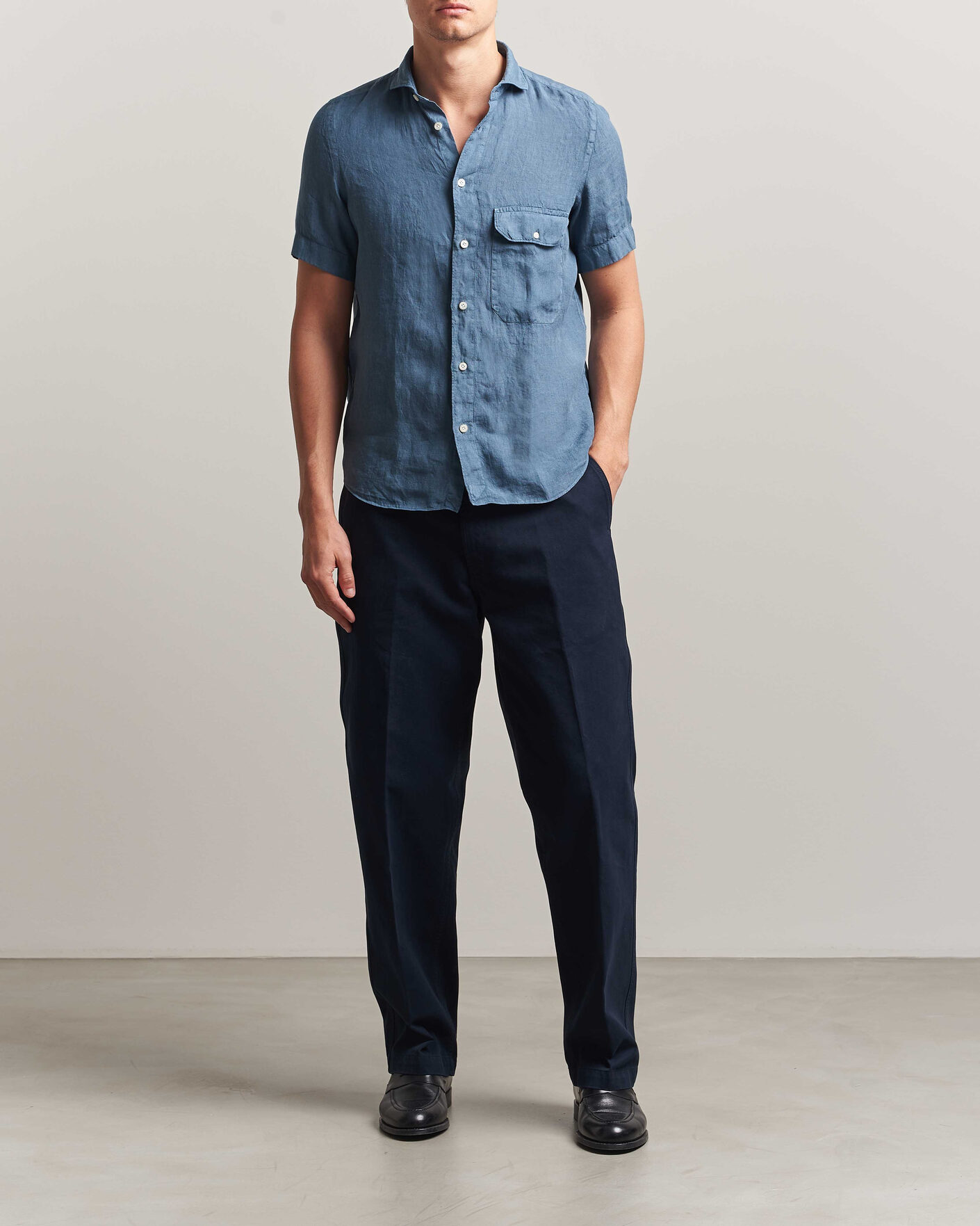 Herren | Hemden | Finamore Napoli | Linen Short Sleeve Sport Shirt Dark Blue