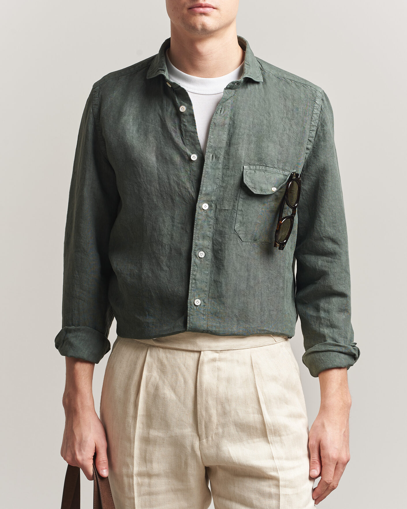 Herren | Hemden | Finamore Napoli | Salina Garment Dyed Linen Overshirt Dark Green