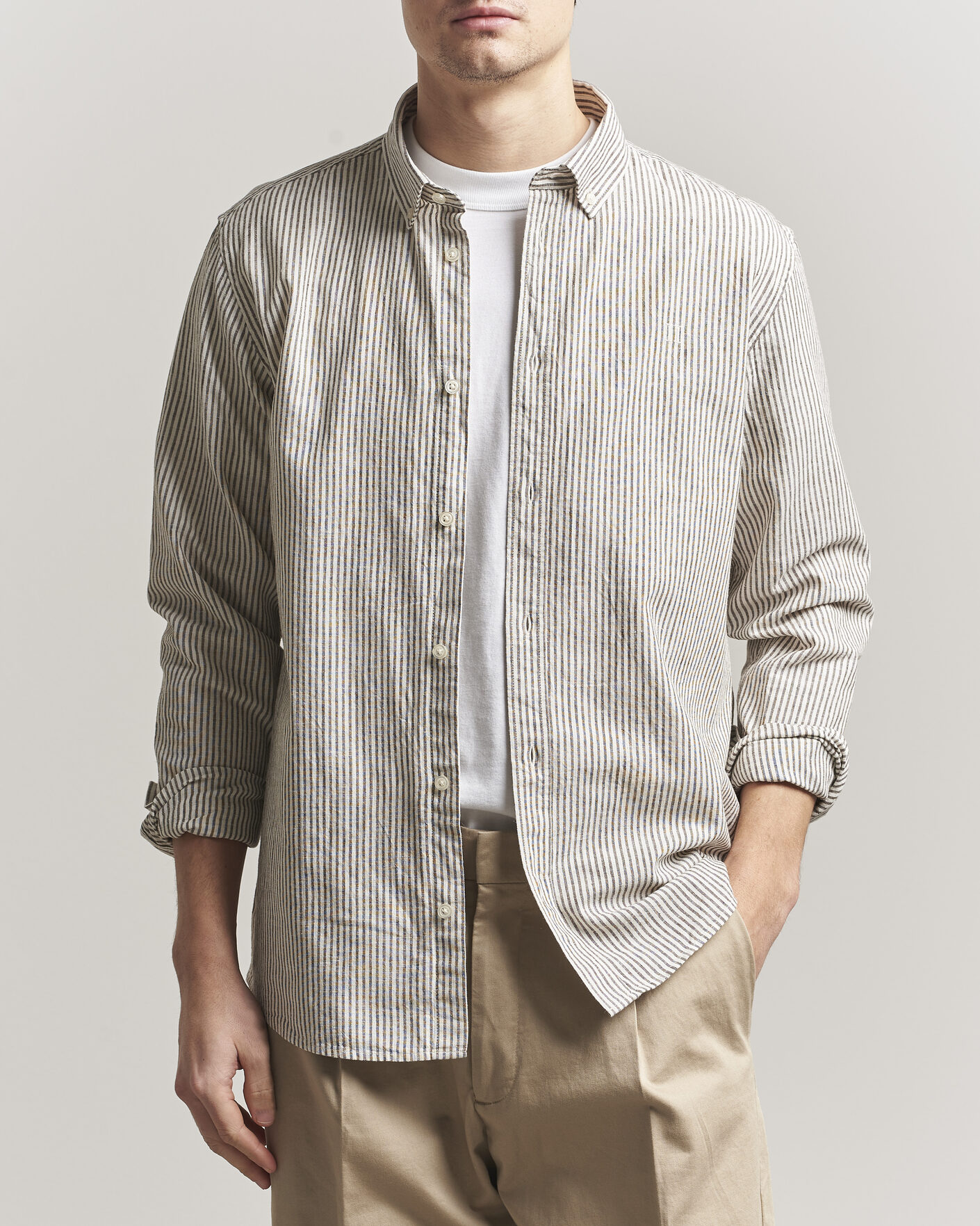 Herren | Hemden | LES DEUX | Konrad Striped Cotton/Linen Shirt Teak Brown