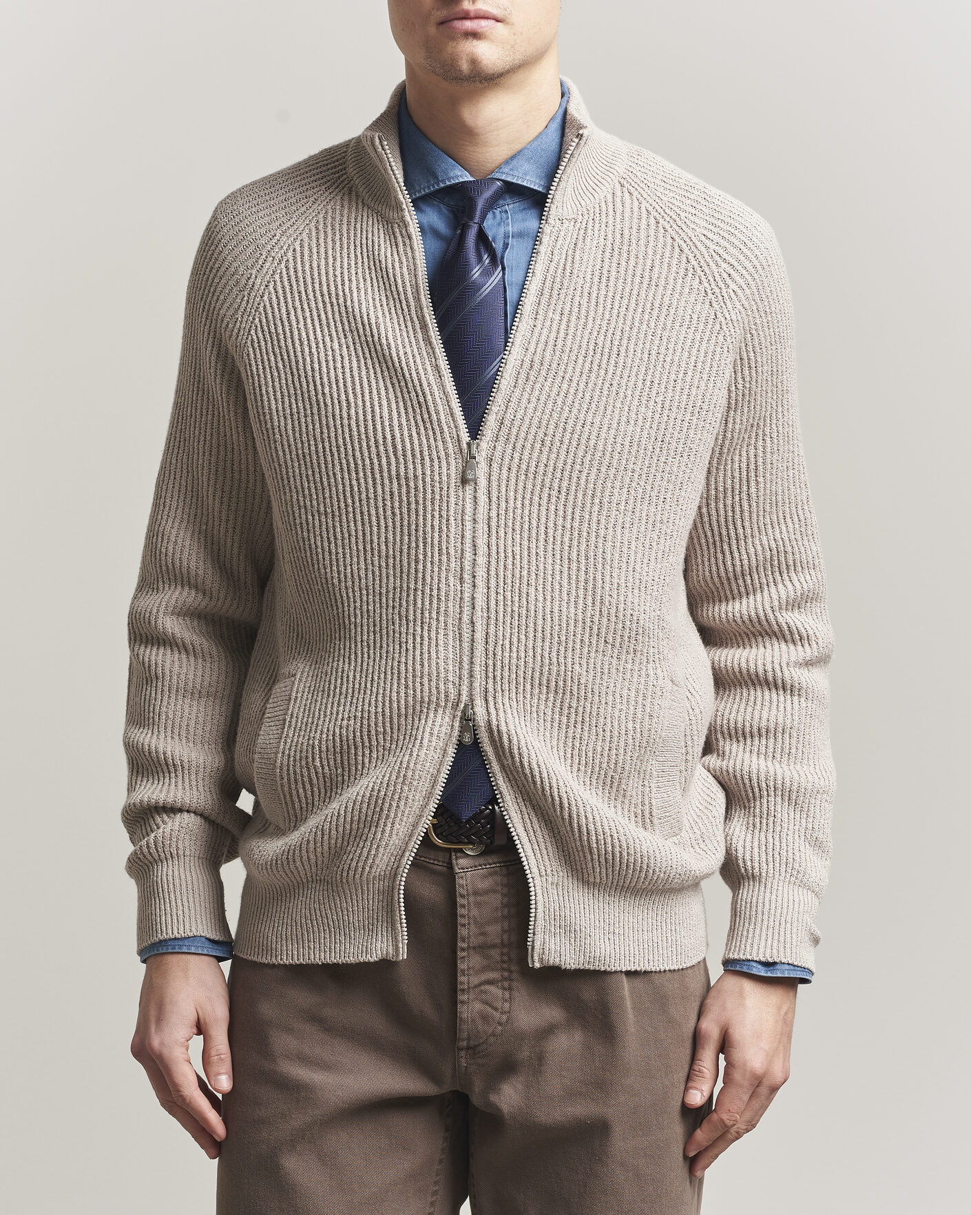 Herren | Pullover | Brunello Cucinelli | Heavy Cotton Rib Zip Cardigan Beige