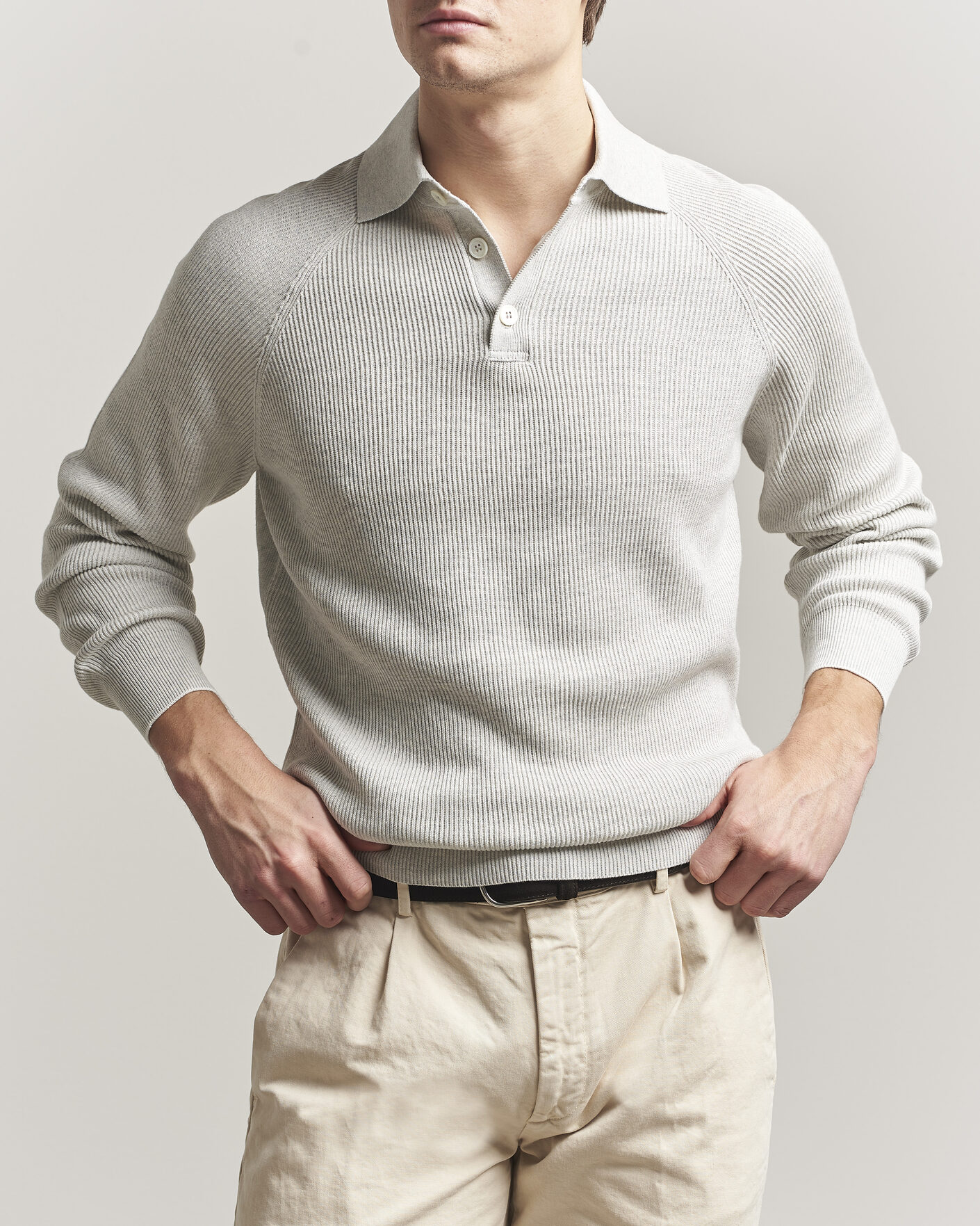 Herren | Pullover | Brunello Cucinelli | Cotton Rib Knitted Long Sleeve Polo Light Grey