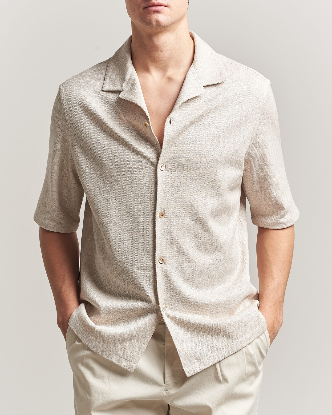 Herren | Hemden | Brunello Cucinelli | Linen Herringbone Camp Shirt Light Beige