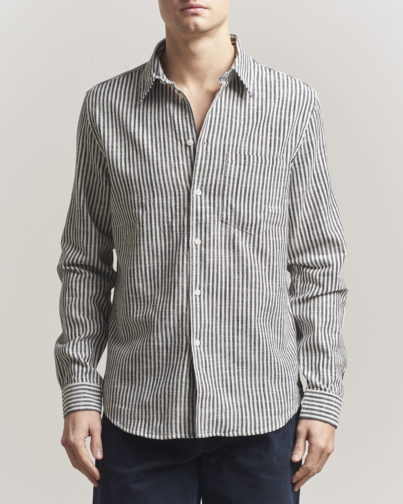 Herren | Hemden | Samsøe Samsøe | Liam Cotton/Linen Striped Shirt Salute Navy