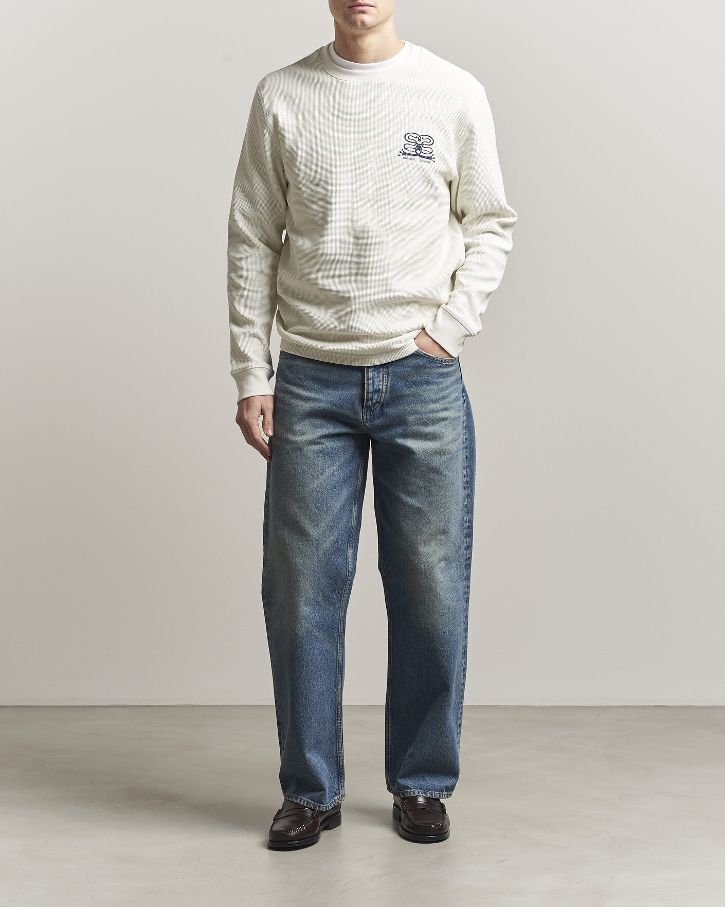 Herren | T-Shirts | Samsøe Samsøe | Fellow Waffle Printed Long Sleeve T-Shirt Clear Cream