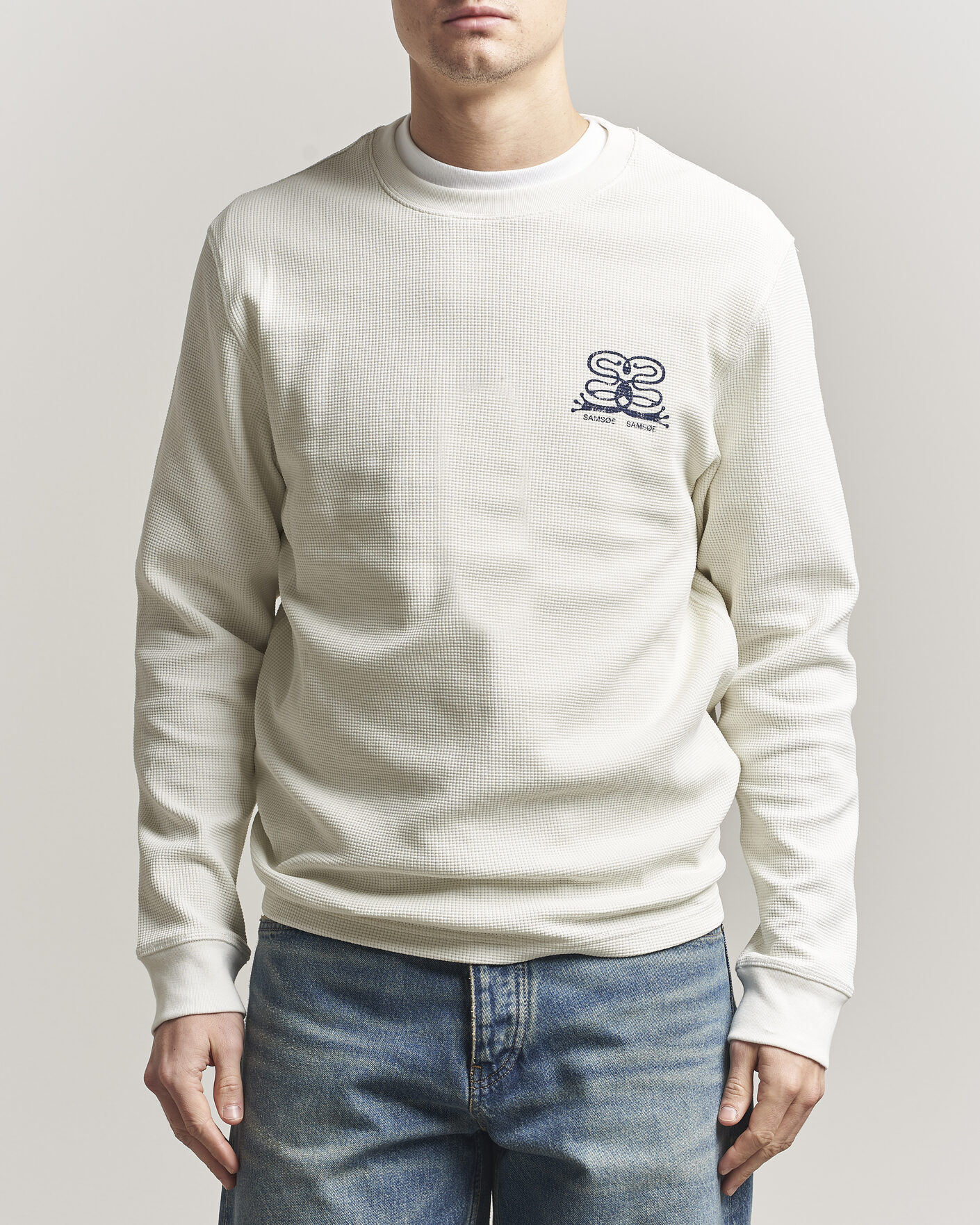 Herren | T-Shirts | Samsøe Samsøe | Fellow Waffle Printed Long Sleeve T-Shirt Clear Cream