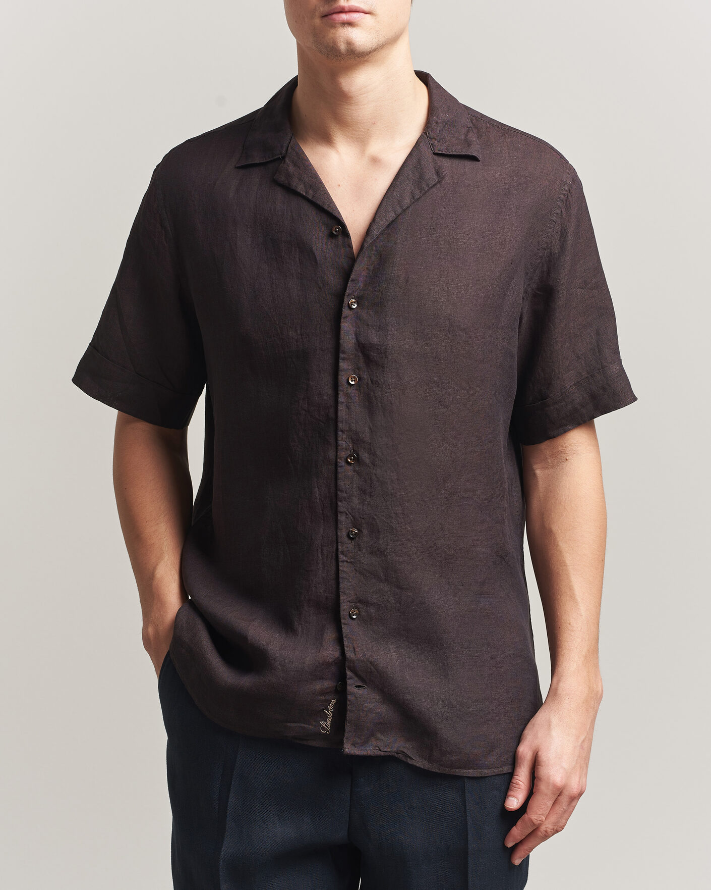 Herren | Hemden | Stenströms | Short Sleeve Linen Shirt Dark Brown