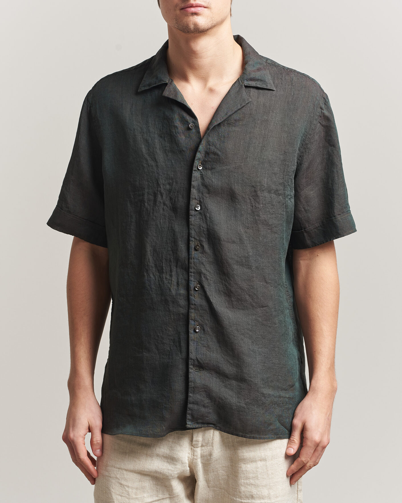 Herren | Hemden | Stenströms | Short Sleeve Linen Shirt Dark Green