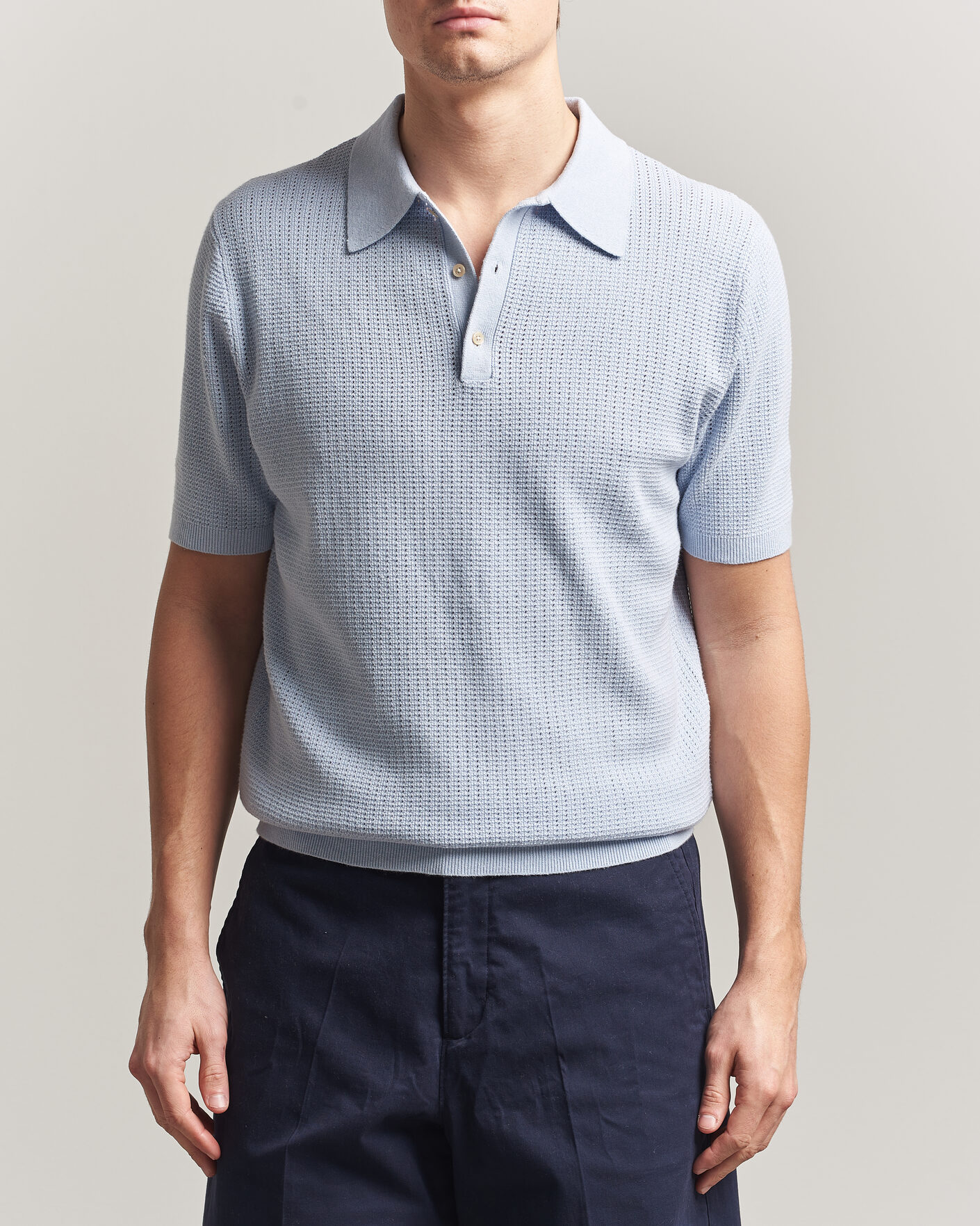 Herren | Poloshirts | Stenströms | Knitted Textured Cotton/Hemp Polo Light Blue