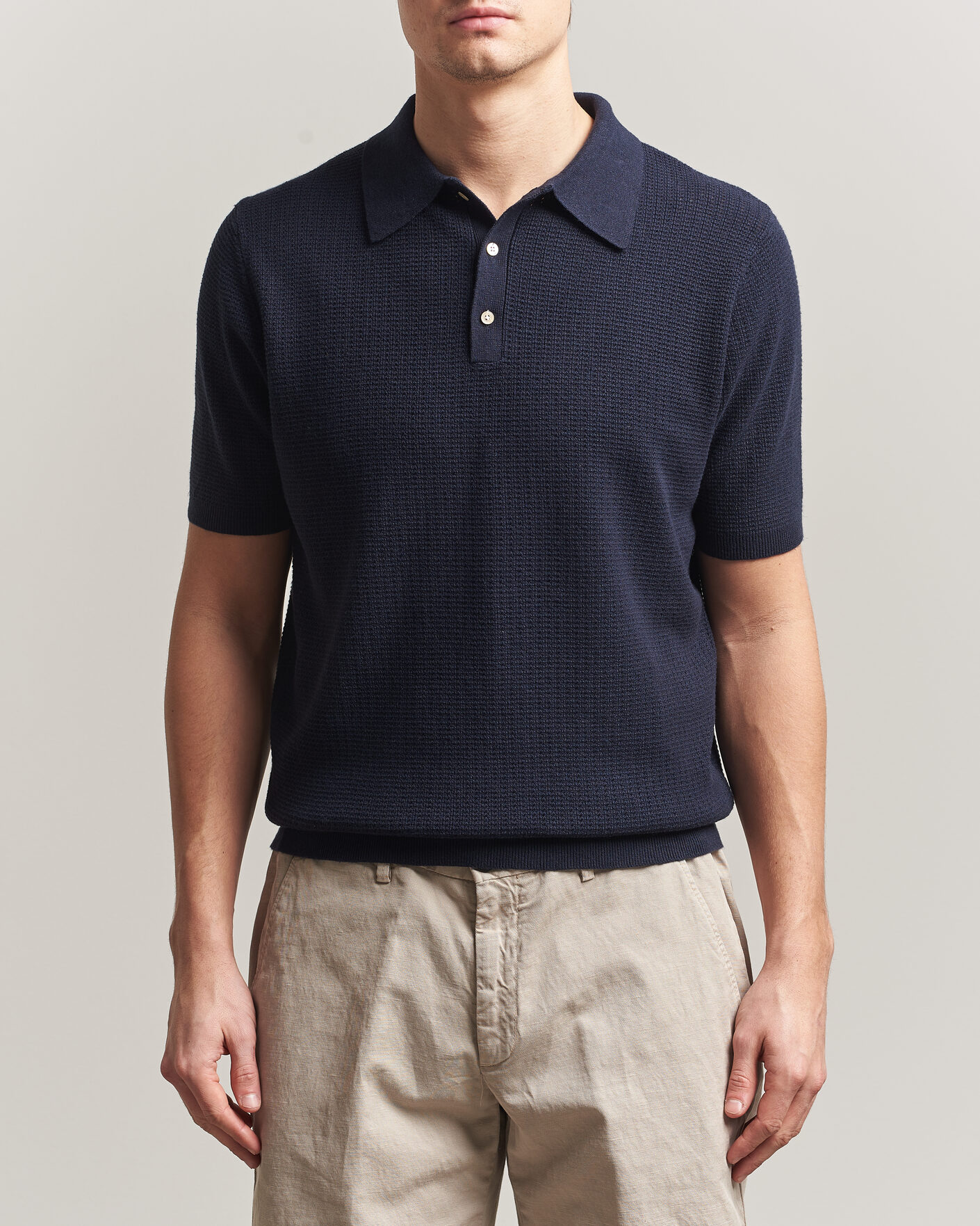 Herren | Poloshirts | Stenströms | Knitted Textured Cotton/Hemp Polo Navy