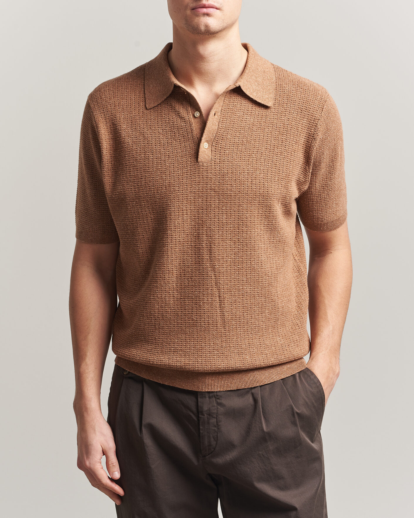 Herren | Poloshirts | Stenströms | Knitted Textured Cotton/Hemp Polo Light Brown