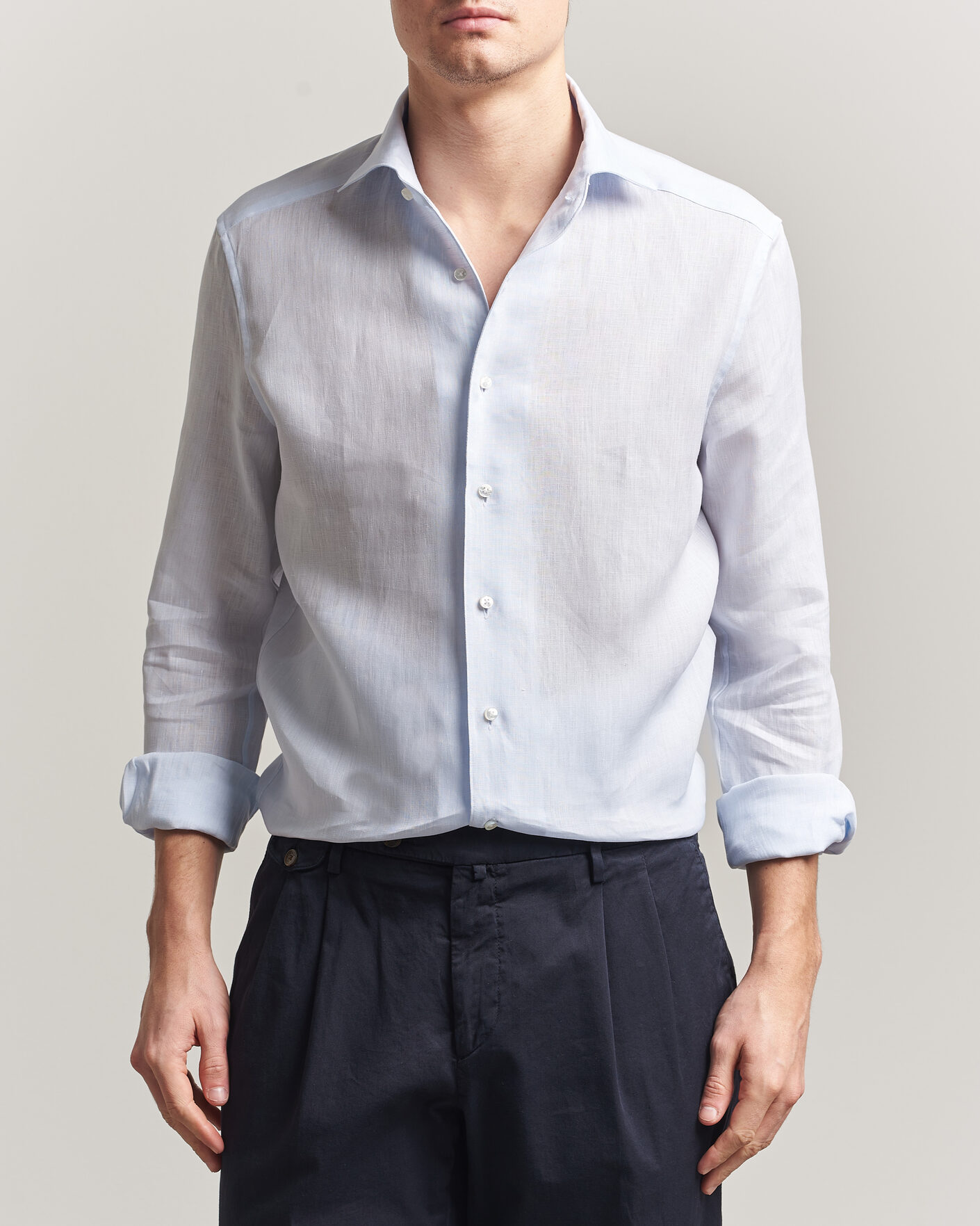 Herren | Hemden | Stenströms | 1899 Linen One Piece Collar Shirt Light Blue