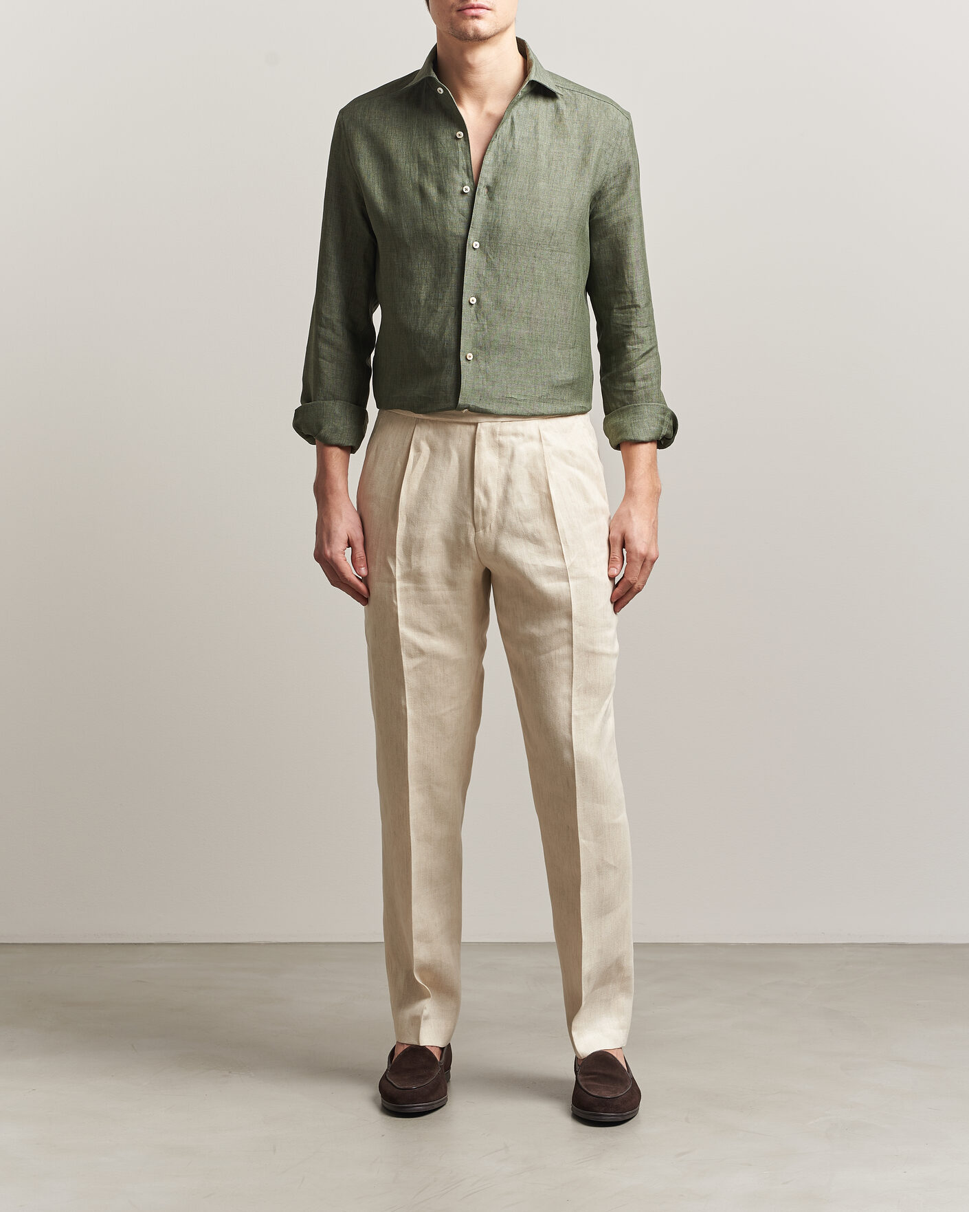 Herren | Hemden | Stenströms | 1899 Linen One Piece Collar Shirt Olive